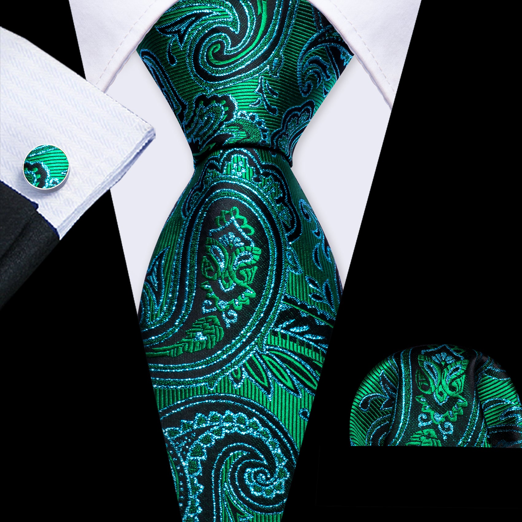 Blue Green Paisley Silk Tie Hanky Cufflinks Set