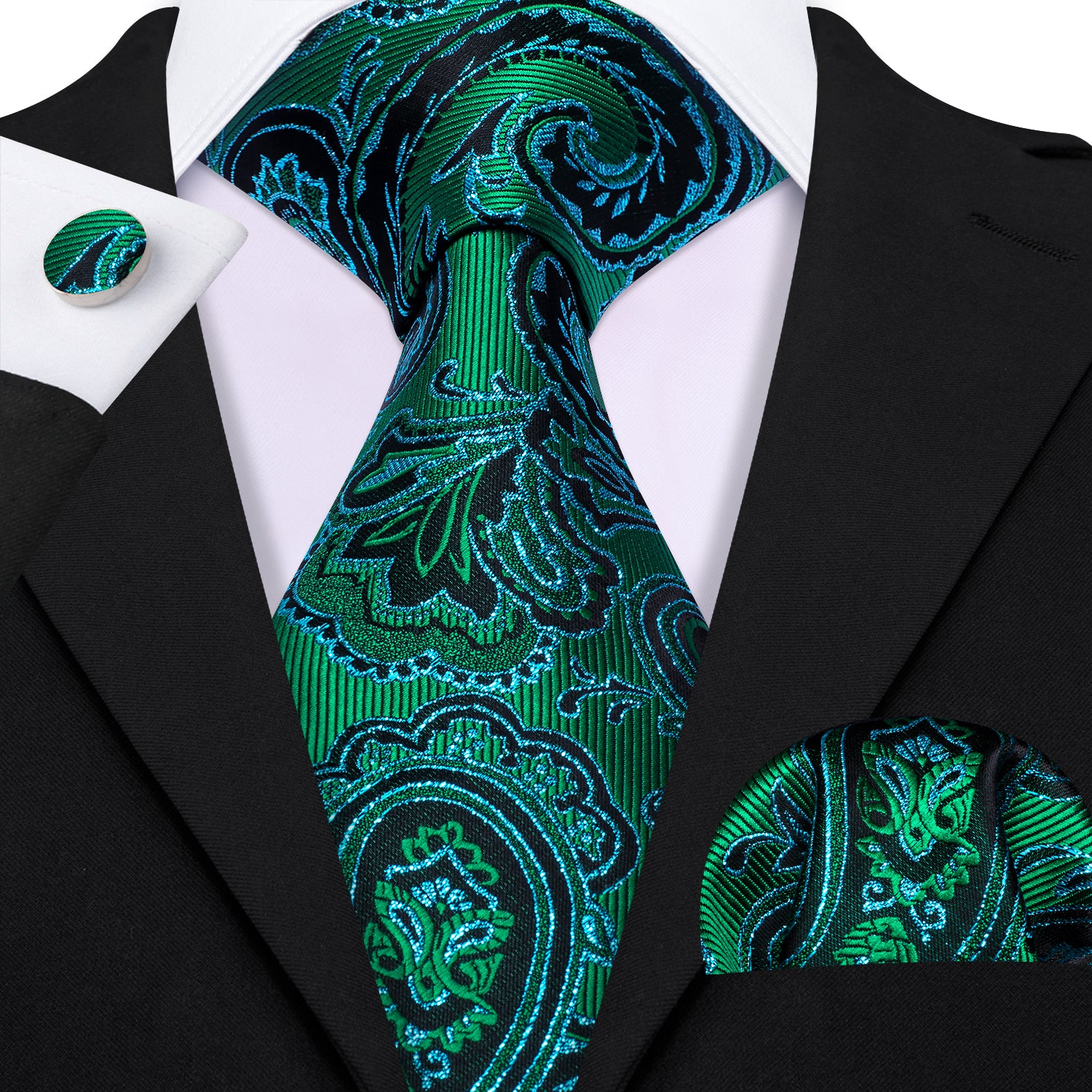 Blue Green Paisley Silk Tie Hanky Cufflinks Set