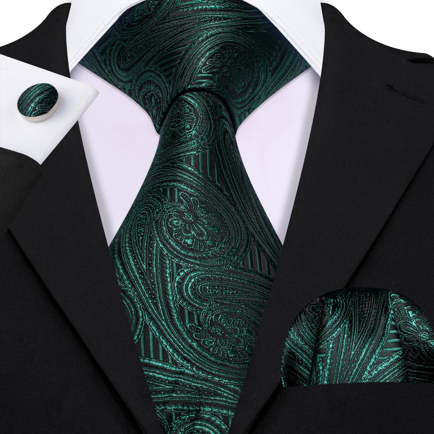 Barry Wang Green Tie Dark Olive Green Paisley Silk Tie Hanky Cufflinks Set