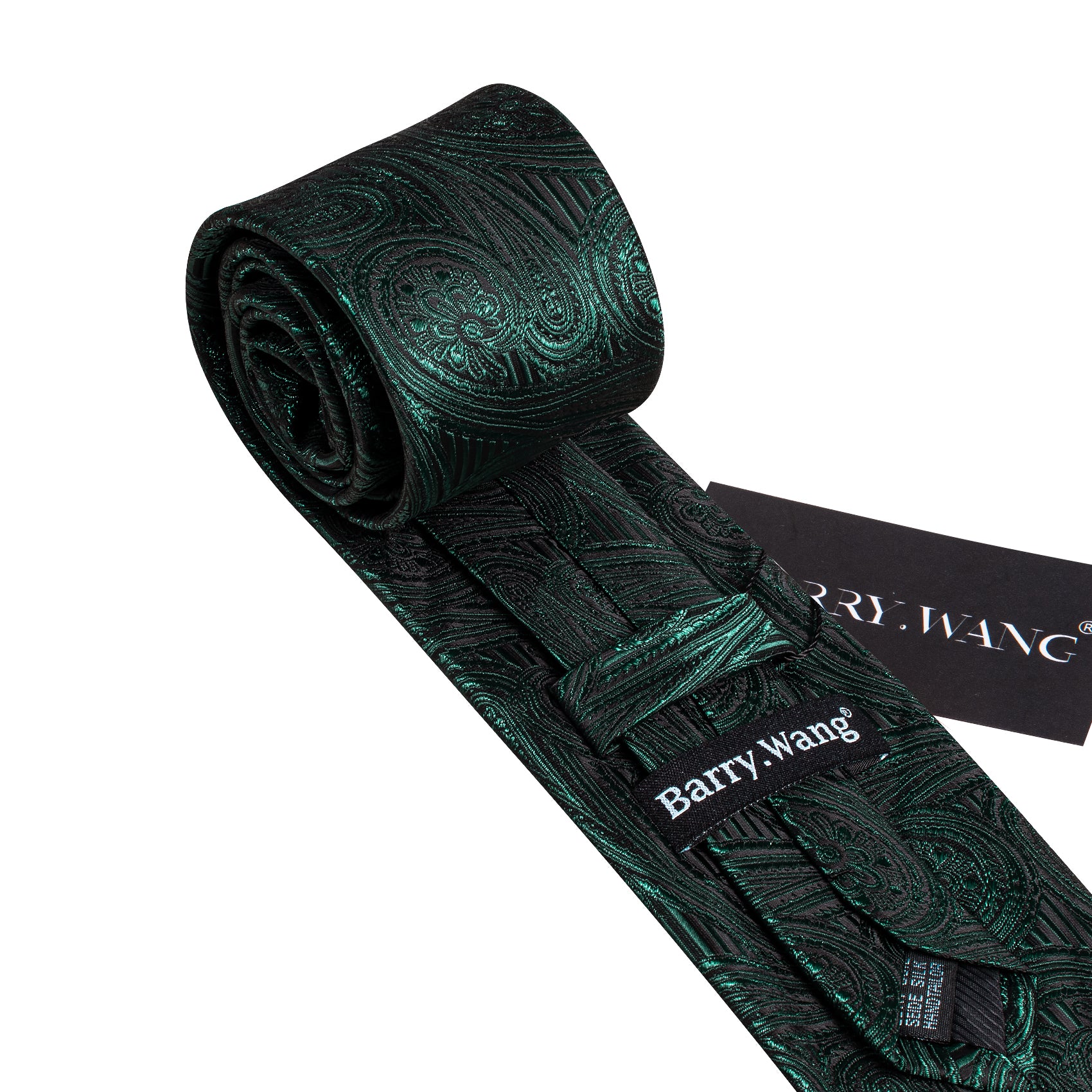 Barry Wang Green Tie Dark Olive Green Paisley Silk Tie Hanky Cufflinks Set