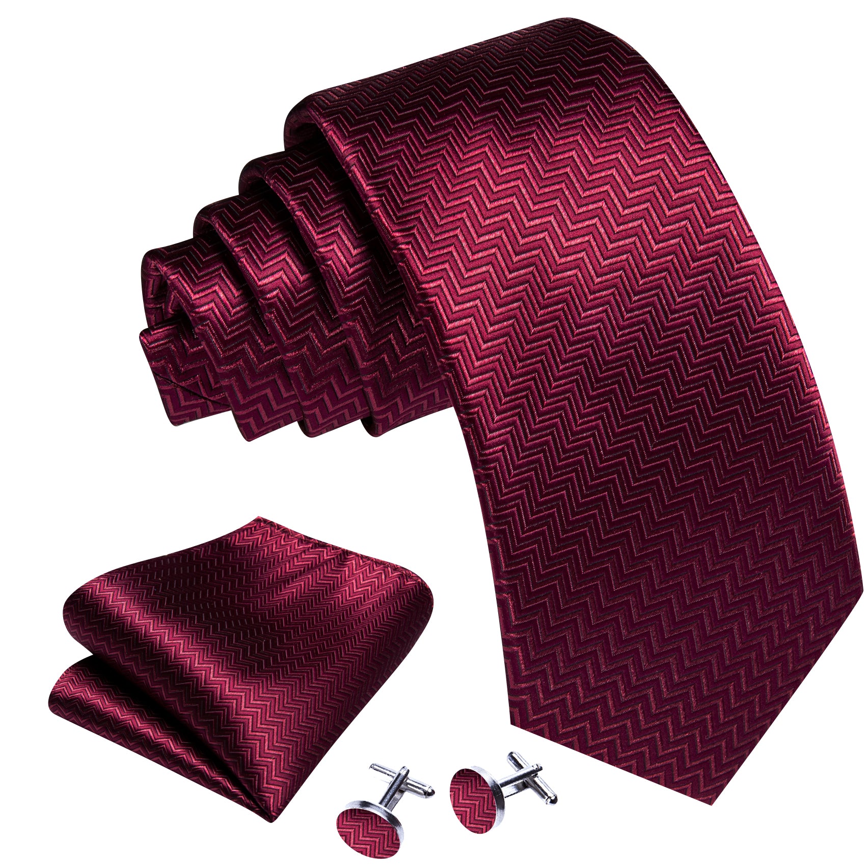 Dark Red Ripple Silk Tie Handkerchief Cufflinks Set