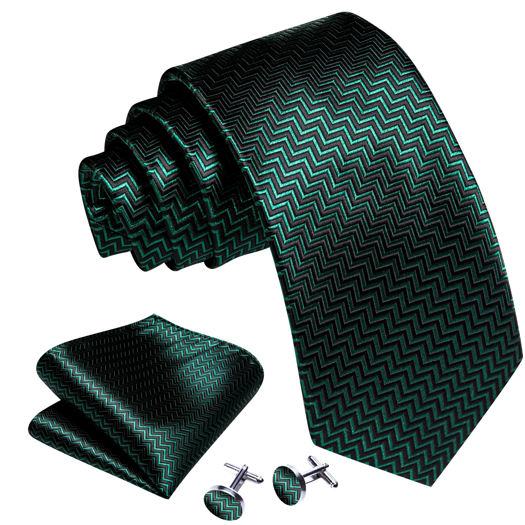 Green Black Ripple Silk Tie Handkerchief Cufflinks Set