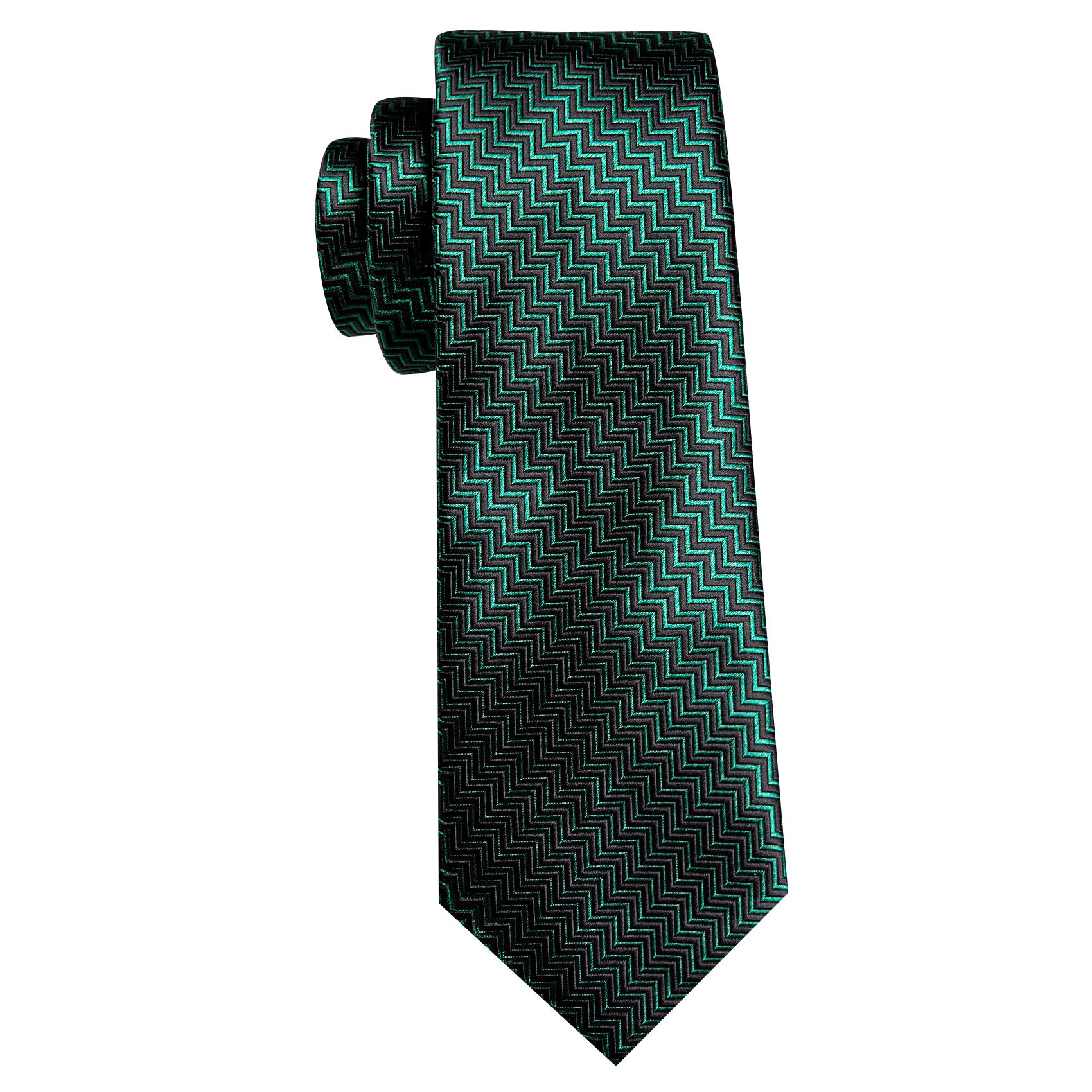 Barry Wang Green Black Ripple Silk Tie Handkerchief Cufflinks Set