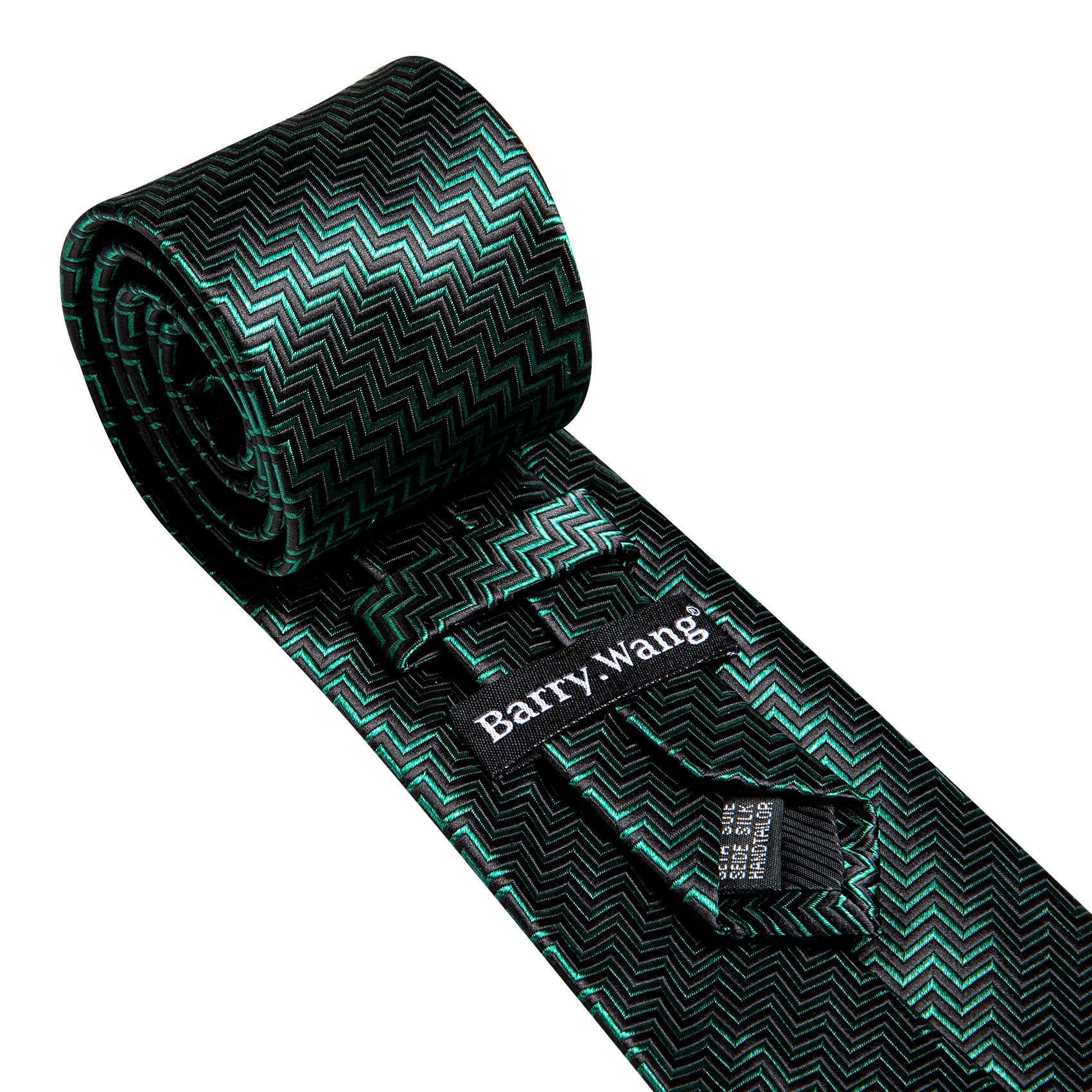 Barry Wang Green Black Ripple Silk Tie Handkerchief Cufflinks Set