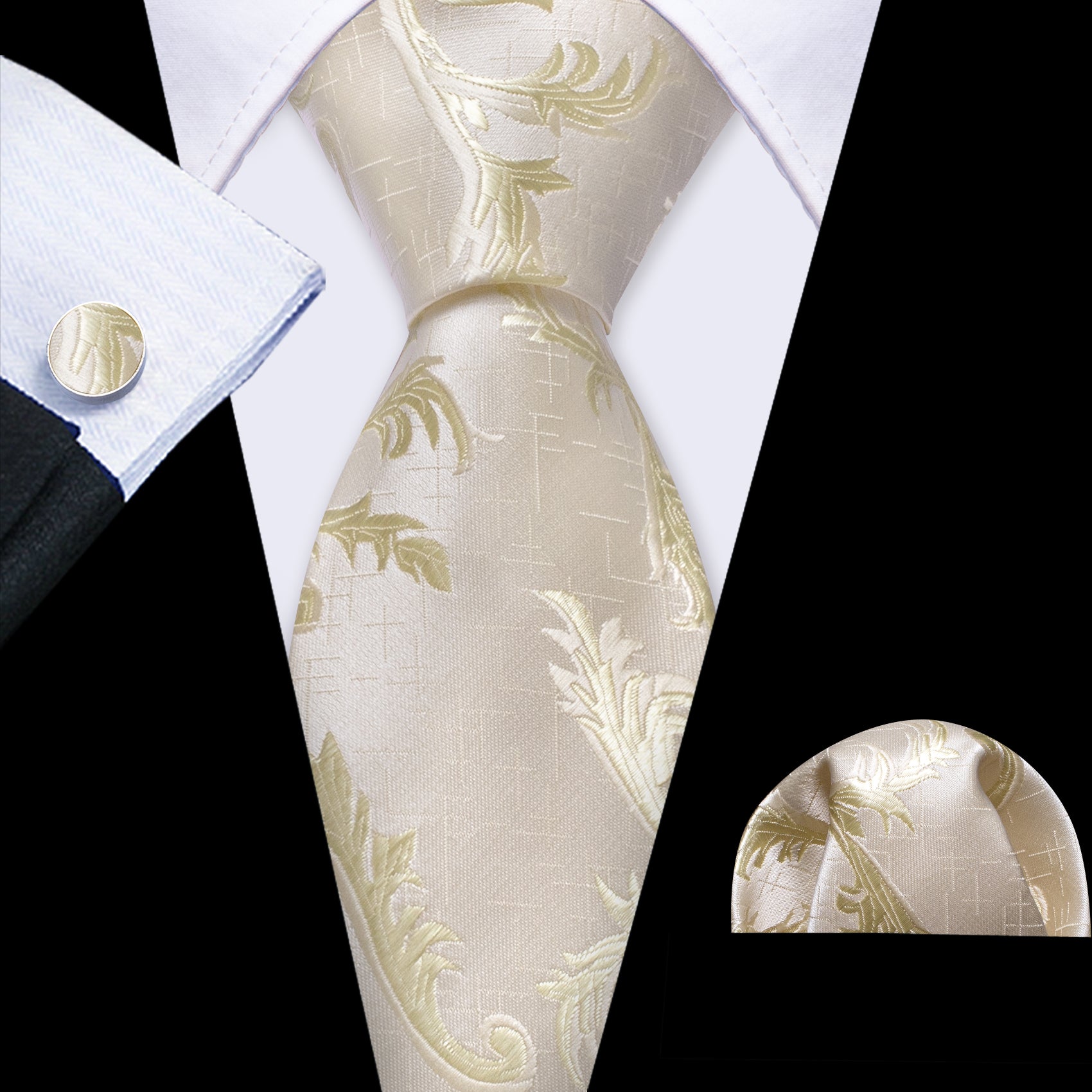 Ivory Floral Silk Tie Hanky Cufflinks Set