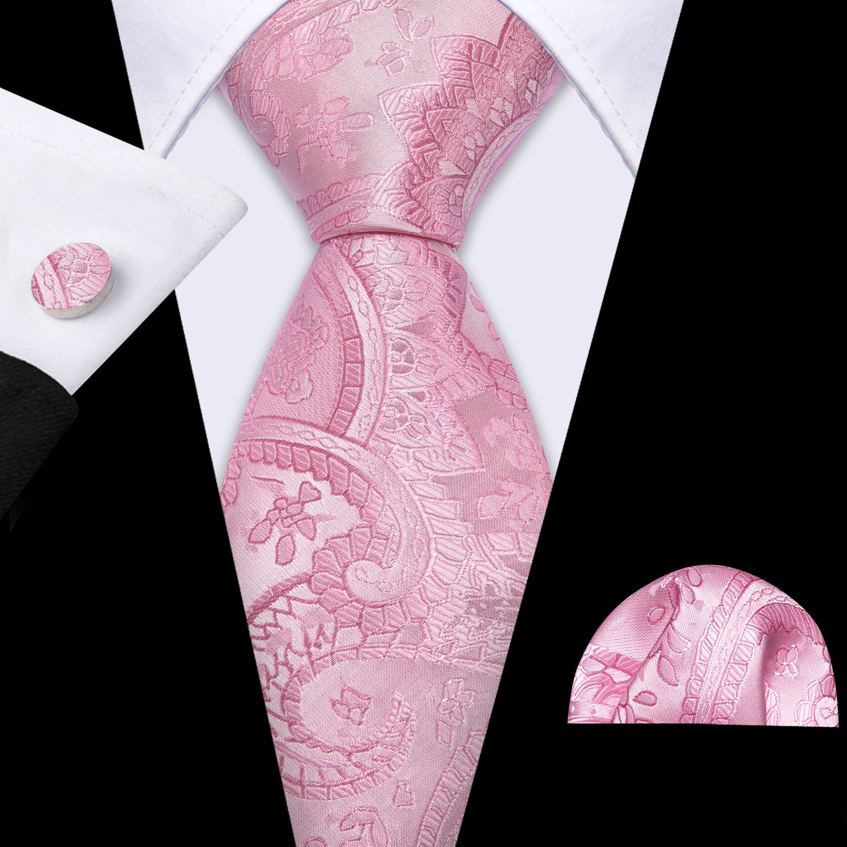 Light Pink Paisley Silk Tie Handkerchief Cufflinks Set