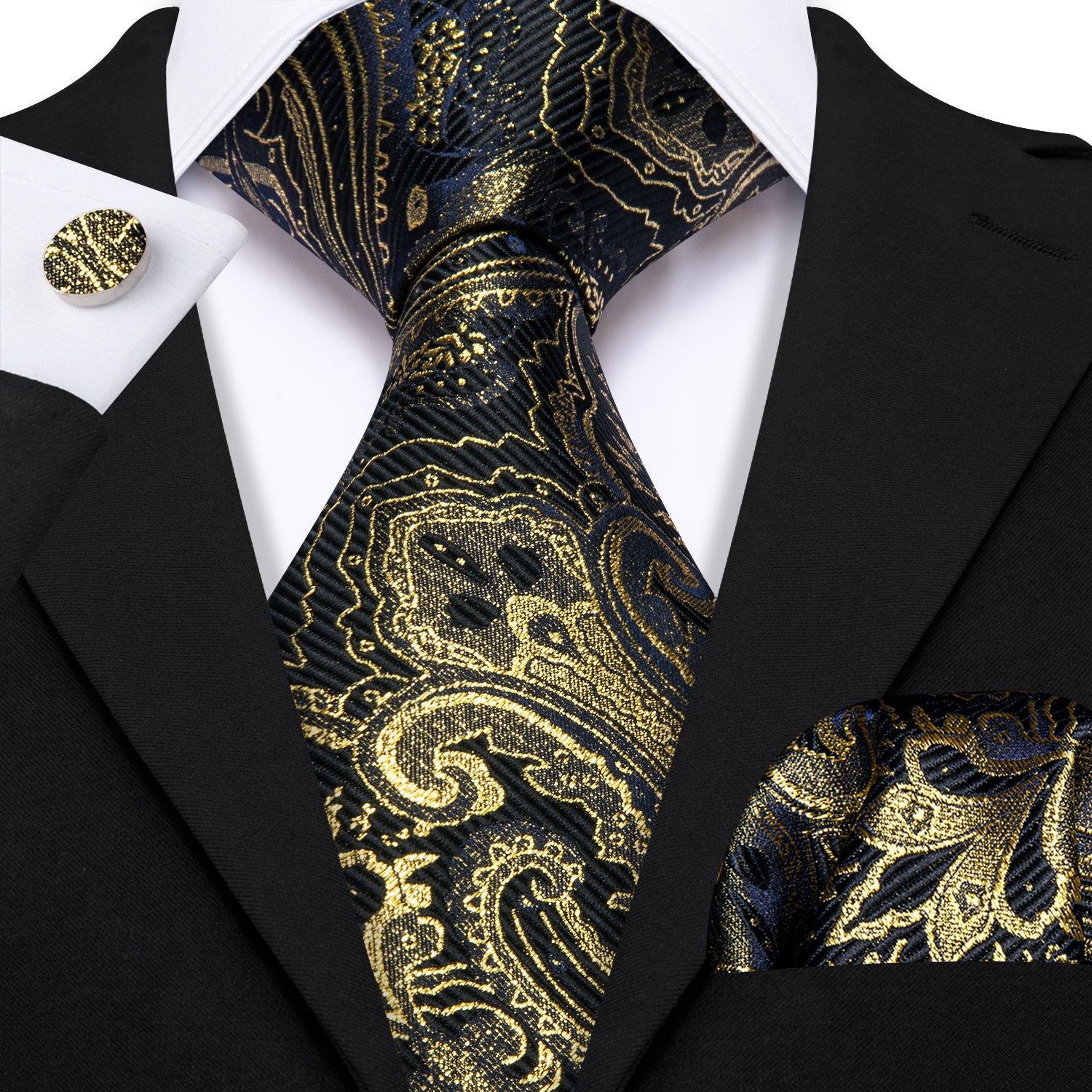 Black Gold Paisley Silk Tie Pocket Square Cufflinks Set
