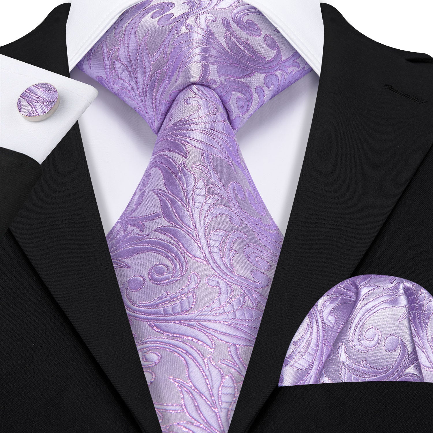 Light Purple Paisley Silk Tie Handkerchief Cufflinks Set