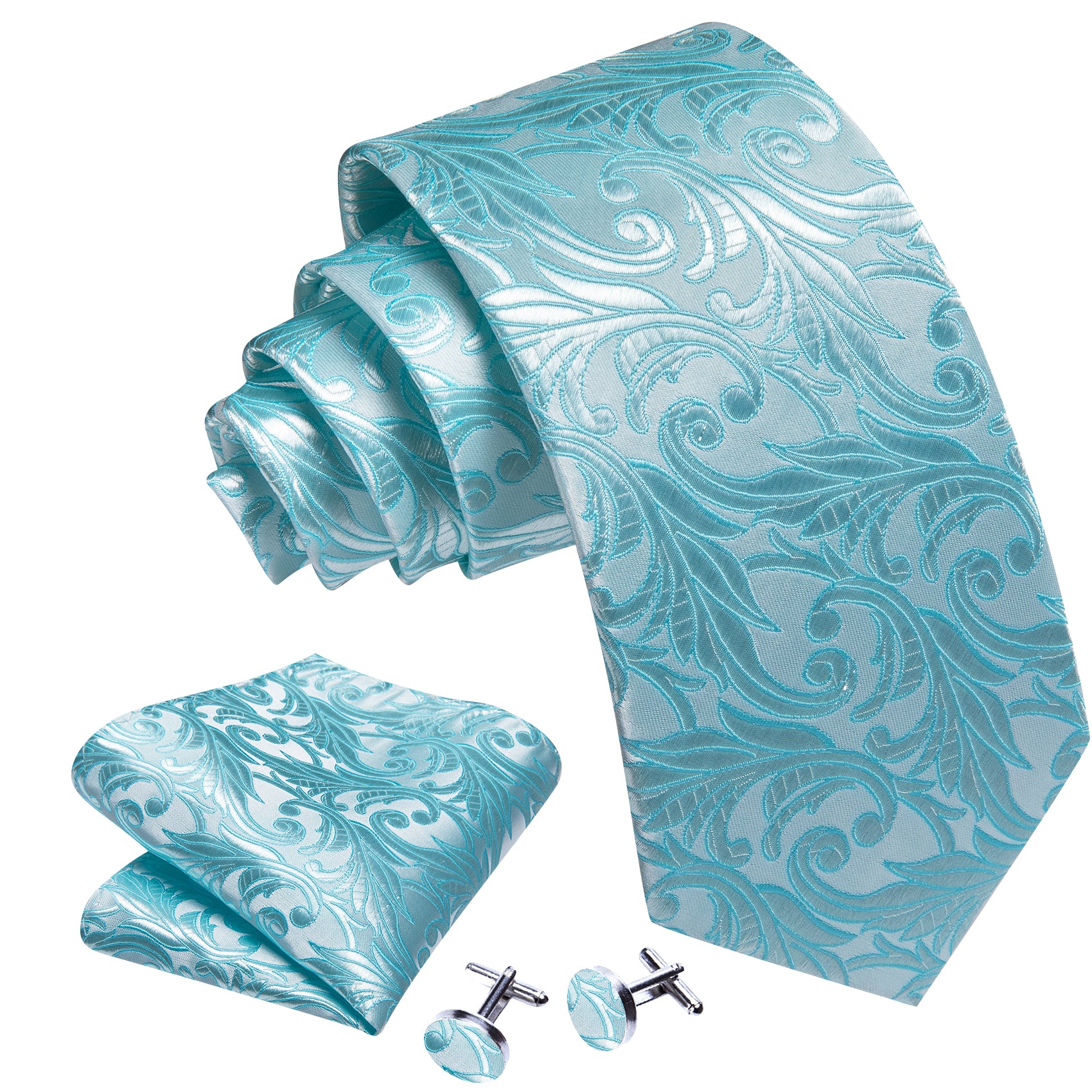 Barry.wang Floral Tie Sea Foam Silk Men's Tie Hanky Cufflinks Set