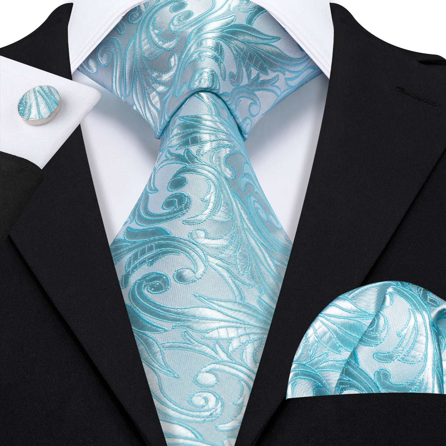 Sea Foam Floral Silk Tie Handkerchief Cufflinks Set