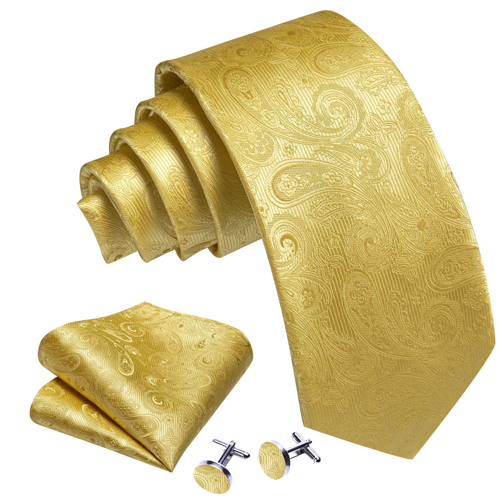 Gold Paisley Silk Tie Handkerchief Cufflinks Set