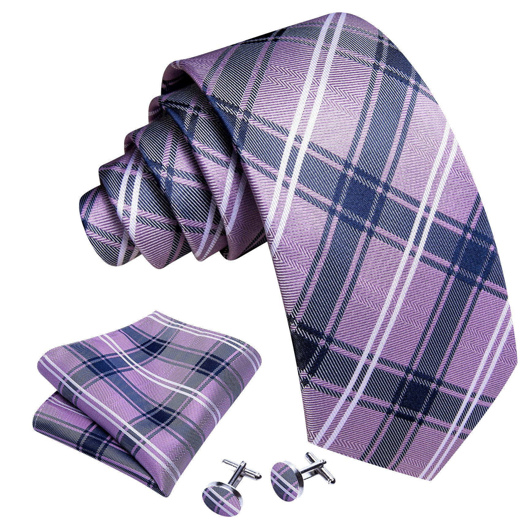 Purple Blue Plaid Tie Handkerchief Cufflinks Set
