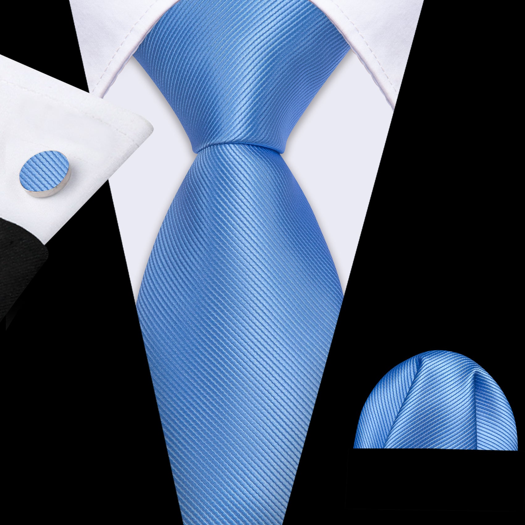 Sky Blue Solid Silk Tie Handkerchief Cufflinks Set