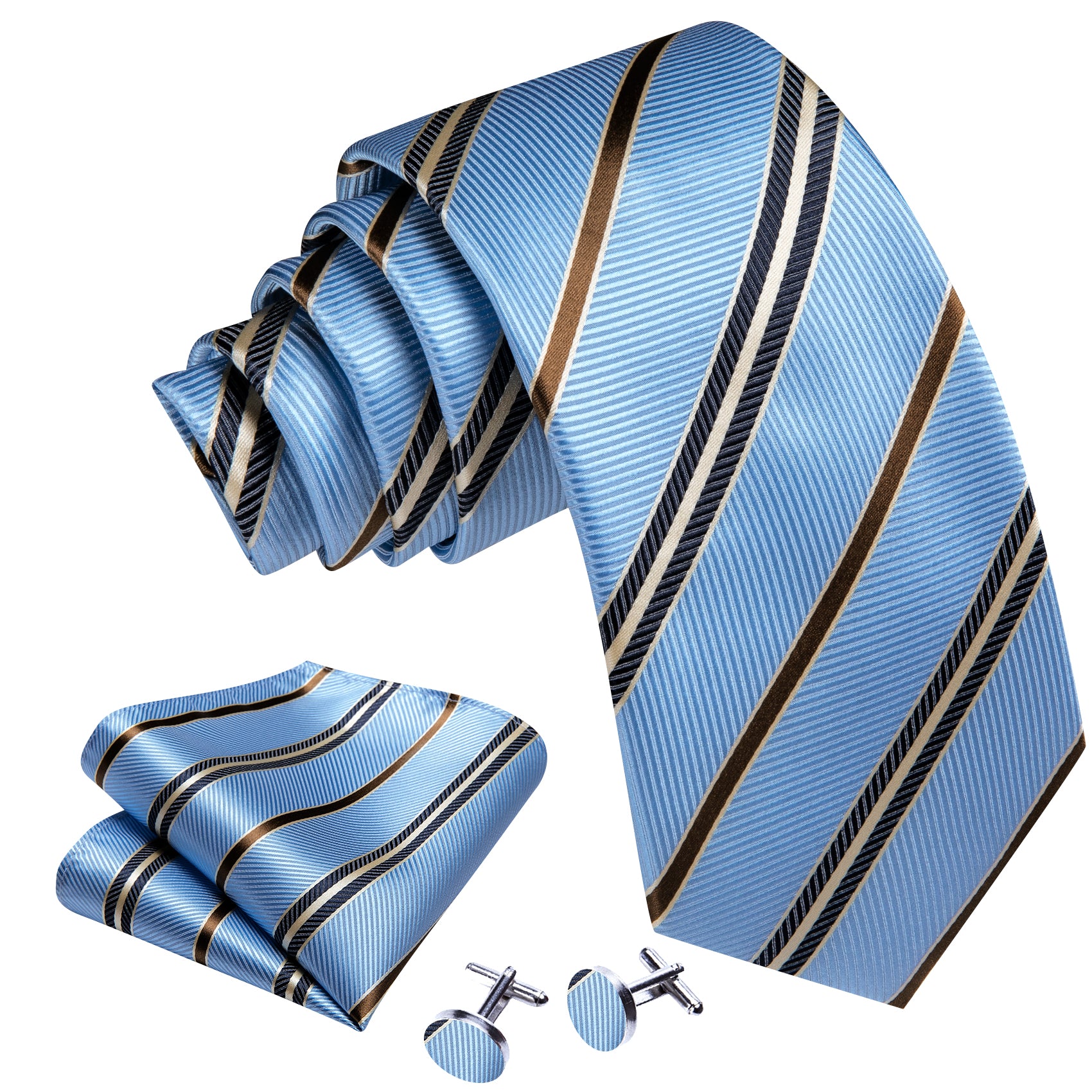 Blue Brown Striped Silk Tie Handkerchief Cufflinks Set