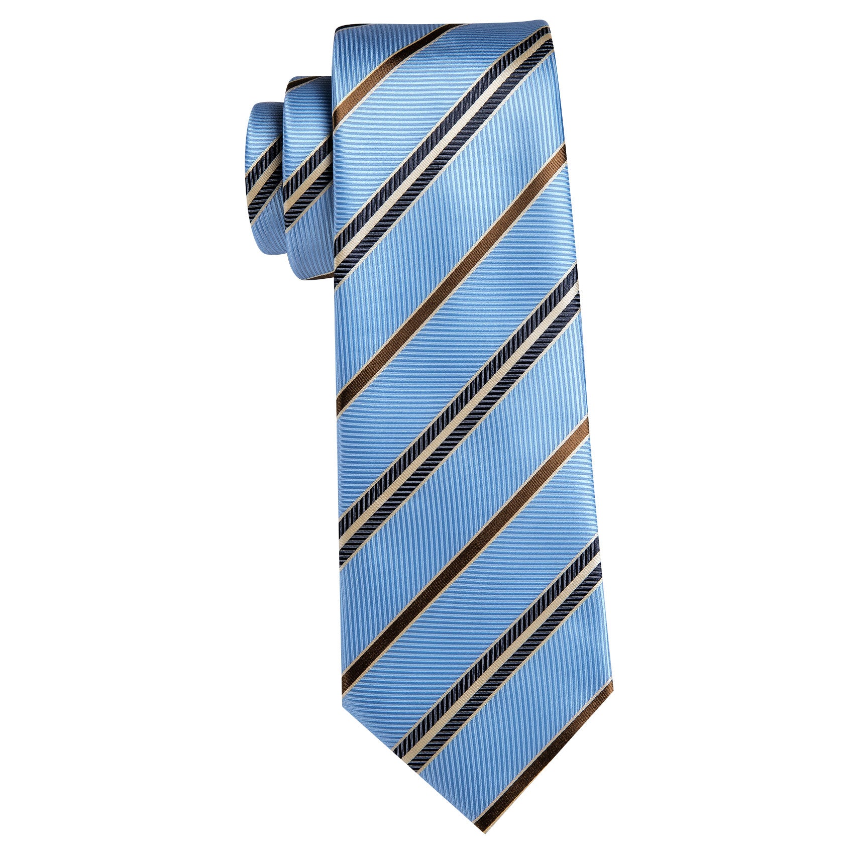 Blue Brown Striped Silk Tie Handkerchief Cufflinks Set