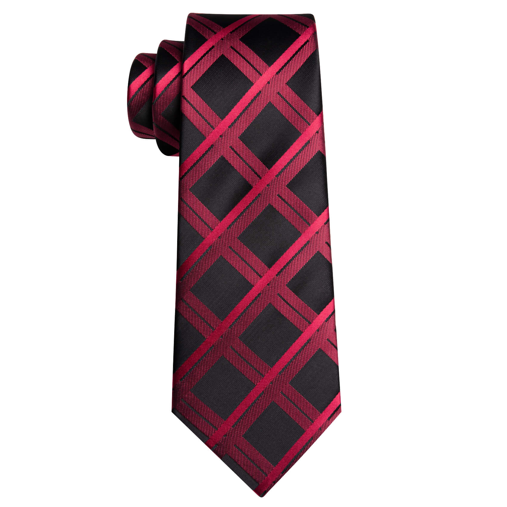 Barry.wang Plaid Tie Dark Red Black Silk Men's Tie Hanky Cufflinks Set