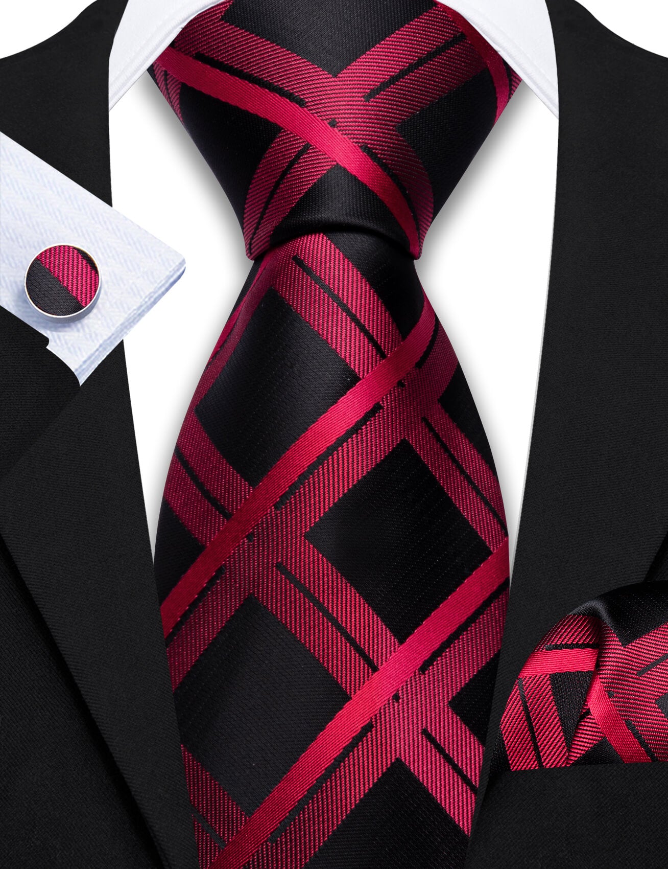 Barry.wang Plaid Tie Dark Red Black Silk Men's Tie Hanky Cufflinks Set