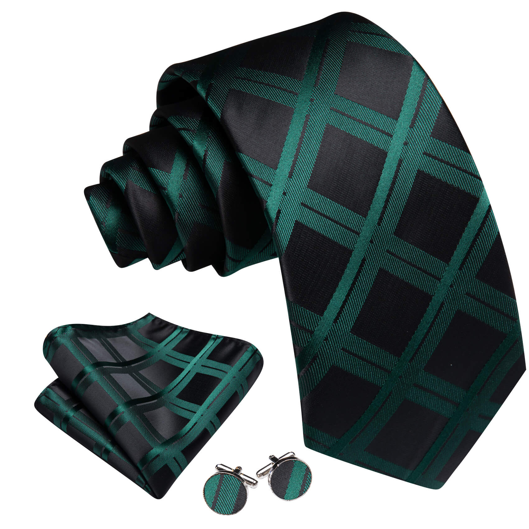 Barry.wang Plaid Tie Black Dark Green Men’s Silk Tie Hanky Cufflinks Set New Arrival