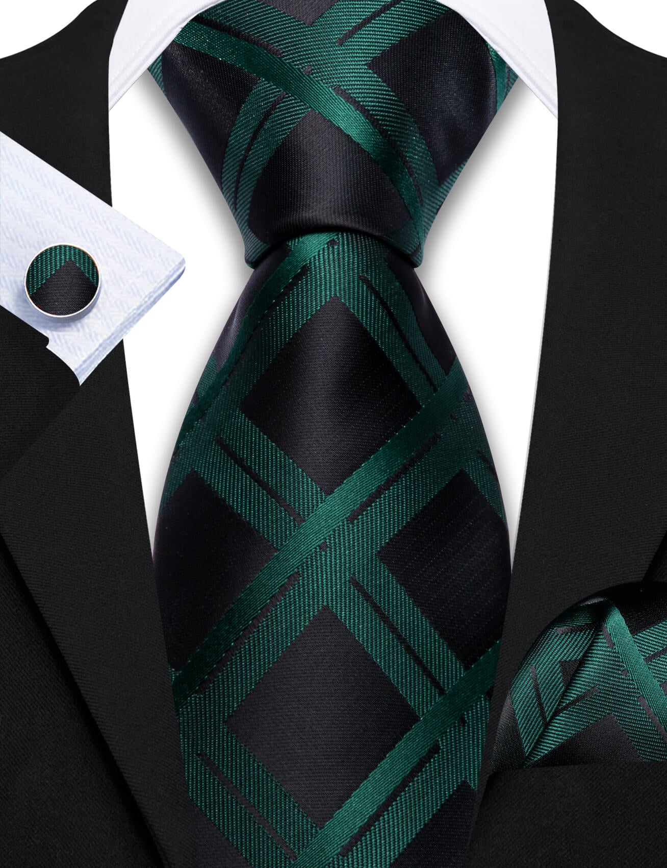 Barry.wang Plaid Tie Black Dark Green Men’s Silk Tie Hanky Cufflinks Set New Arrival