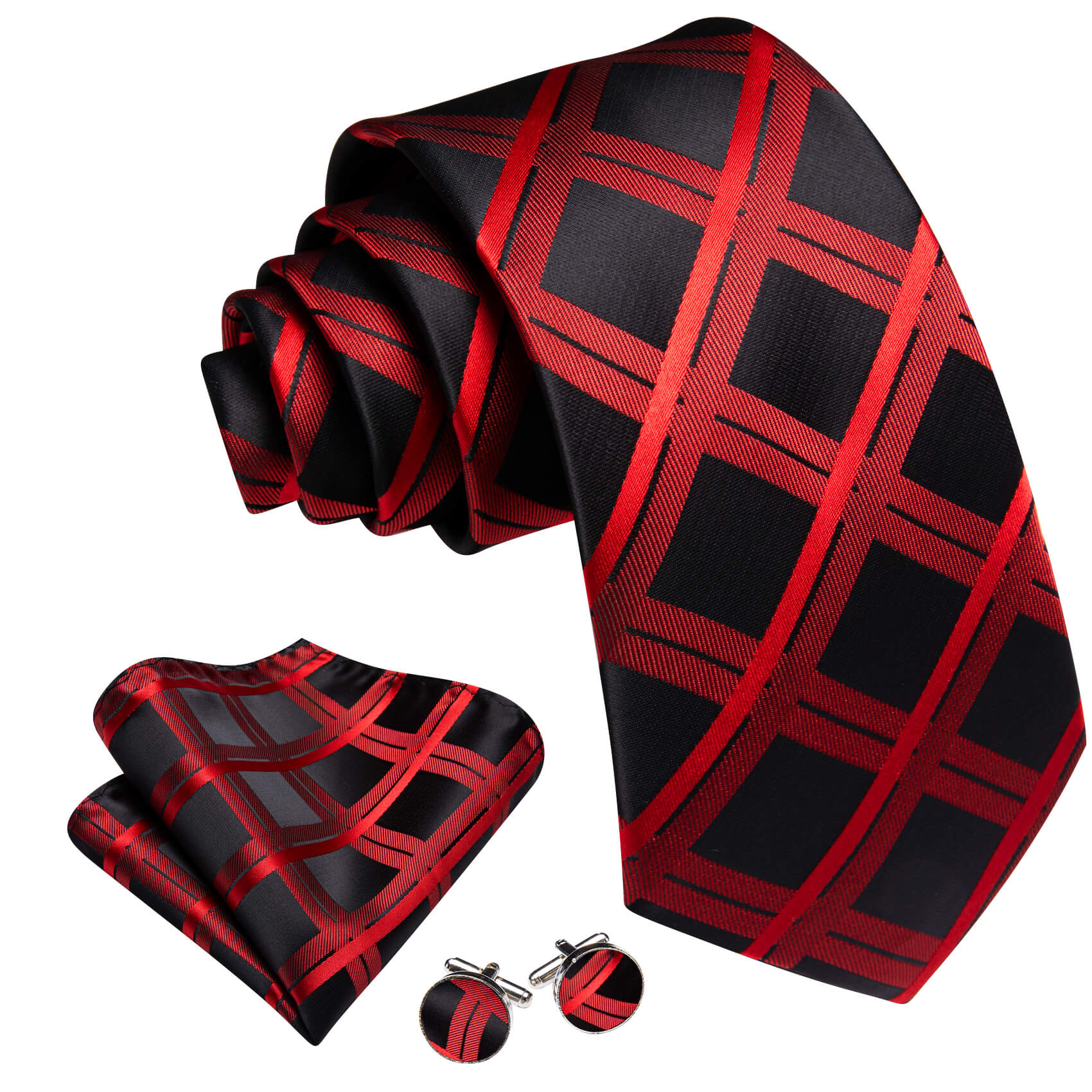 Barry.wang Plaid Tie Black Orange Red Silk Tie Hanky Cufflinks Set for Men Classic