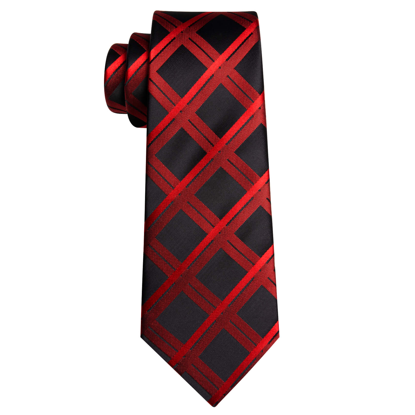 Barry.wang Plaid Tie Black Orange Red Silk Tie Hanky Cufflinks Set for Men Classic