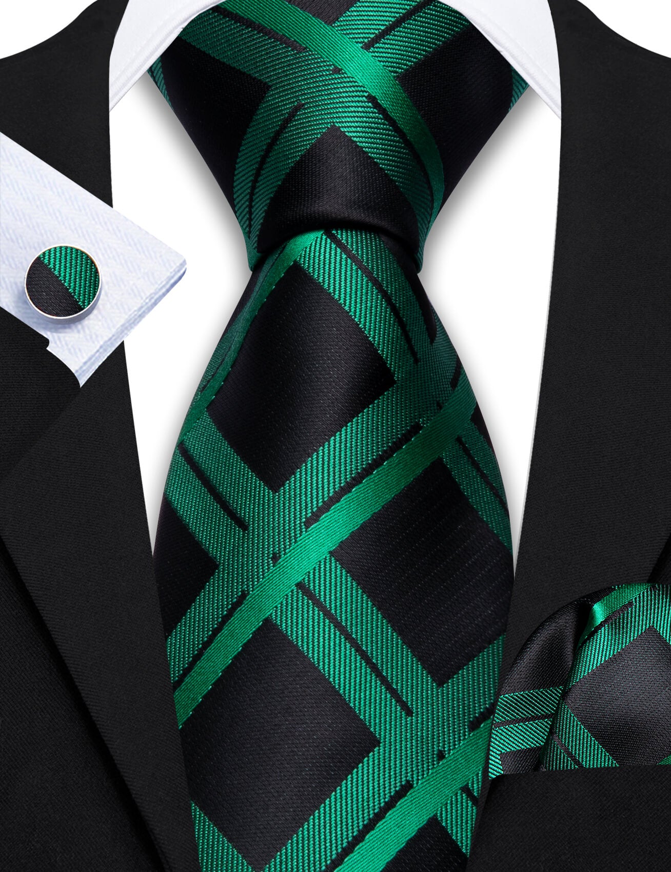 Barry.wang Plaid Tie Silk Black Emerald Green Men's Tie Pocket Square Cufflinks Set