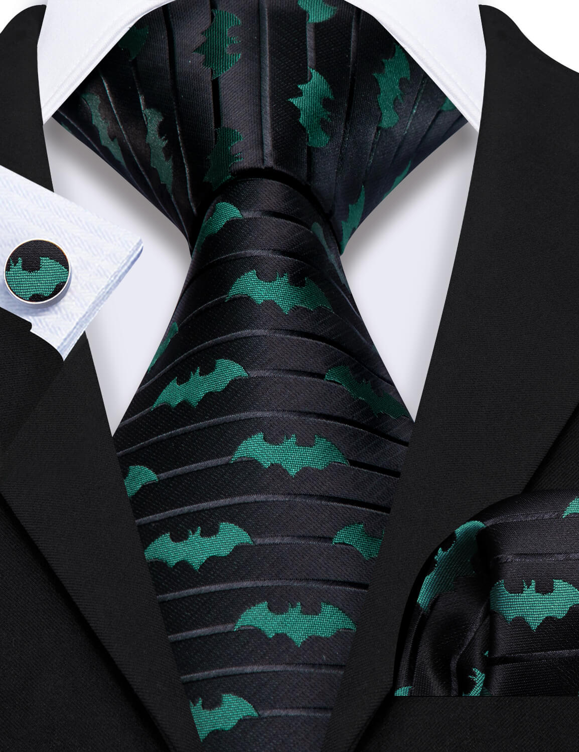 Barry.wang Black Tie Green Novelty Bat Men's Silk Tie Hanky Cufflinks Set