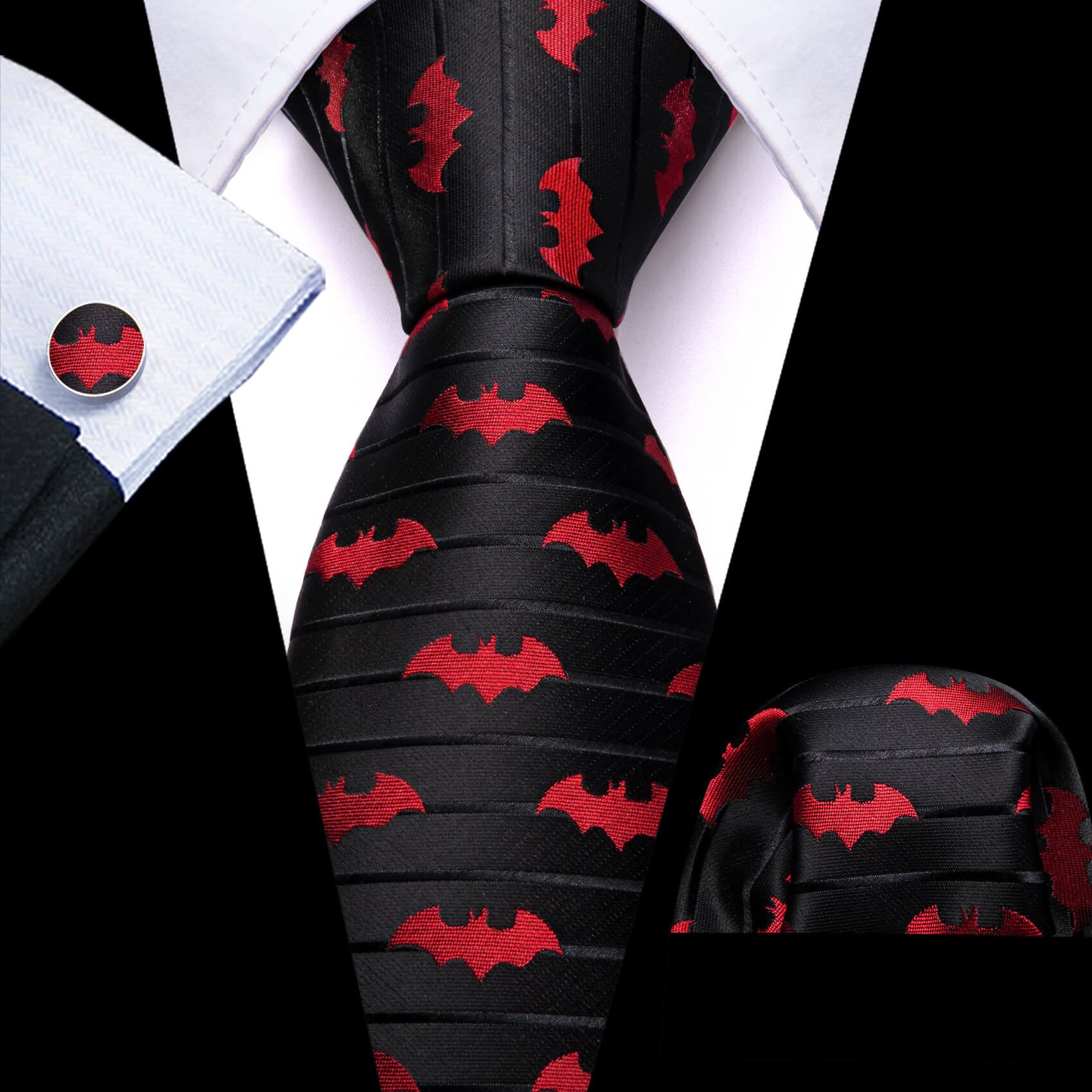 Black Tie Red Jacquard Bat Men's Silk Tie Hanky Cufflinks Set