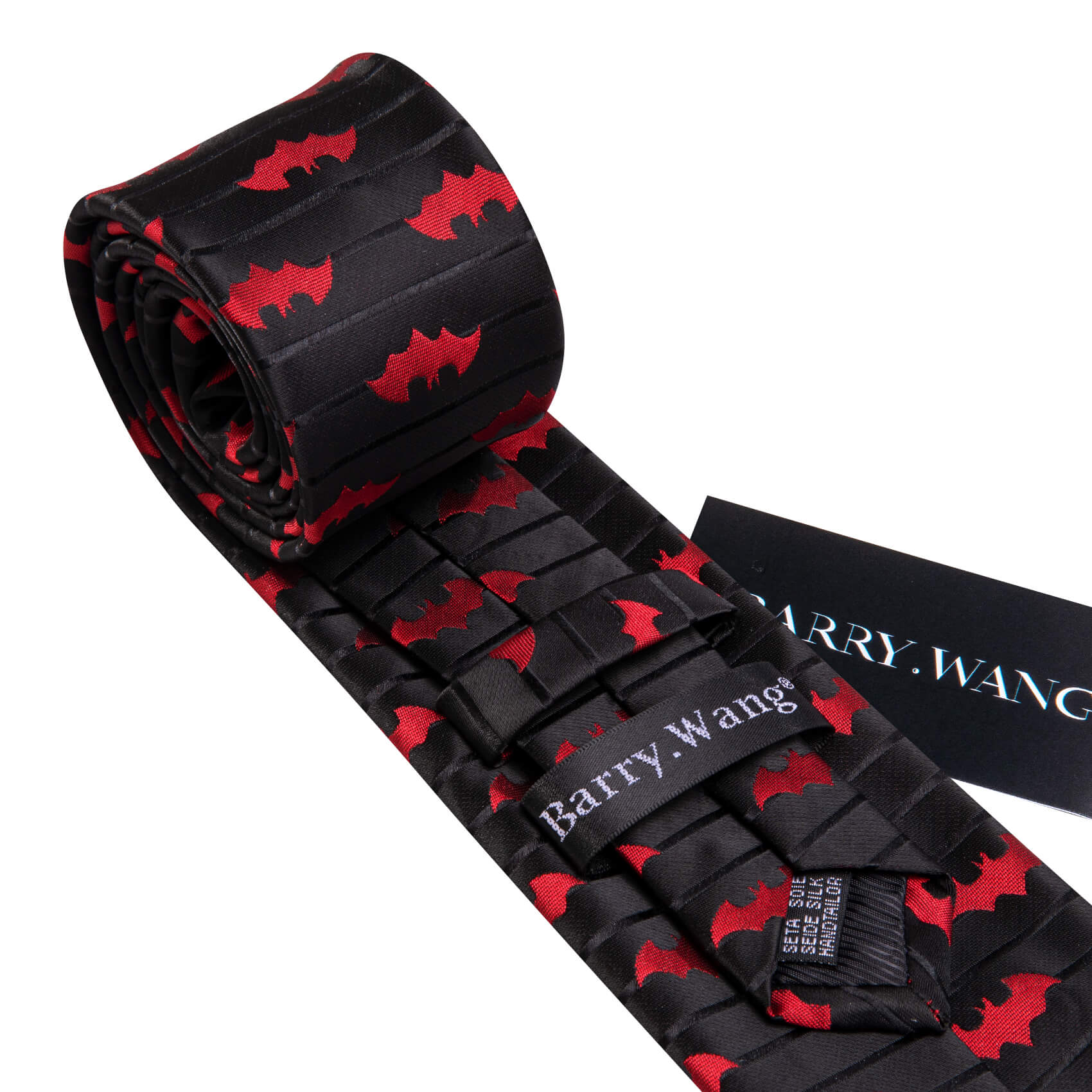 Barry.wang Black Tie Red Jacquard Bat Men's Silk Tie Hanky Cufflinks Set