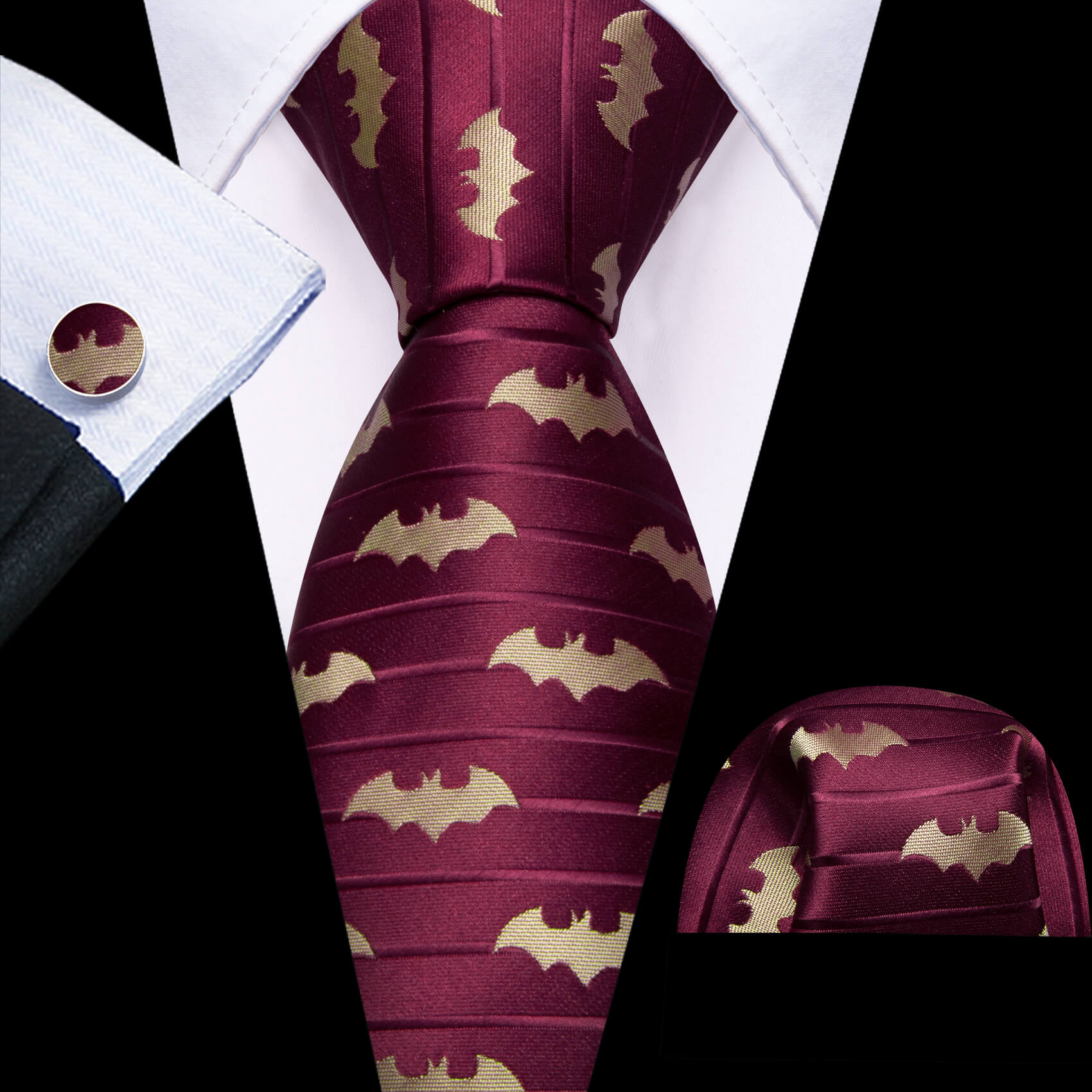  Red Tie Burgundy Yellow Jacquard Woven Bat Men's Silk Tie