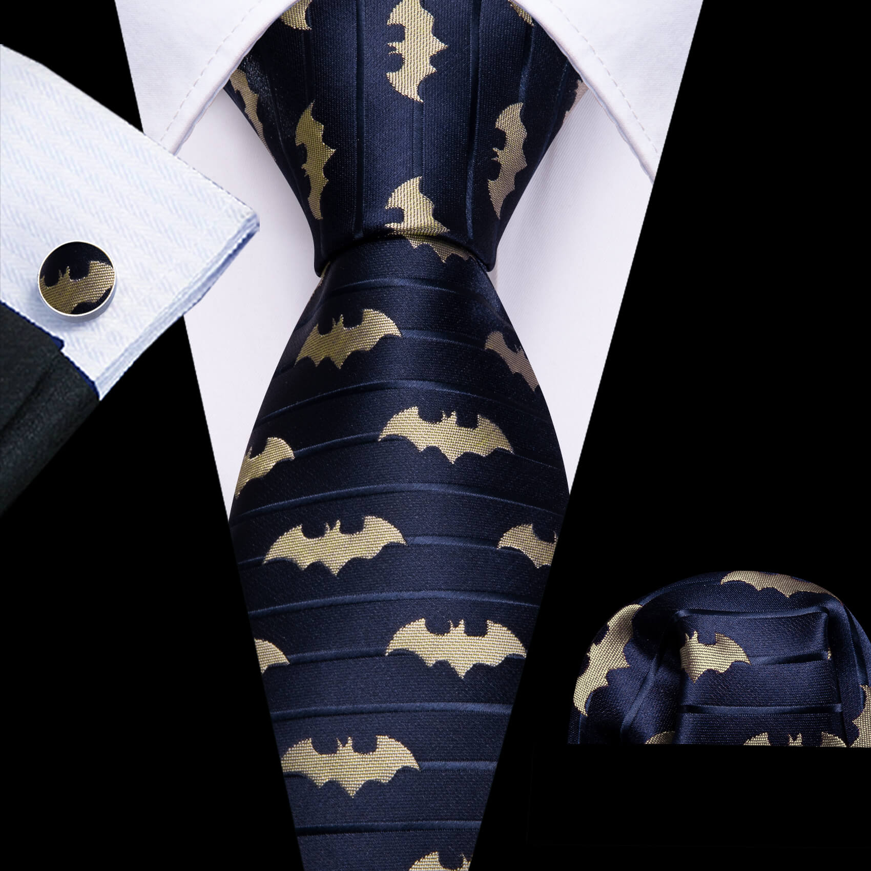  Blue Tie Navy Yellow Jacquard Woven Bat Men's Silk Tie Set