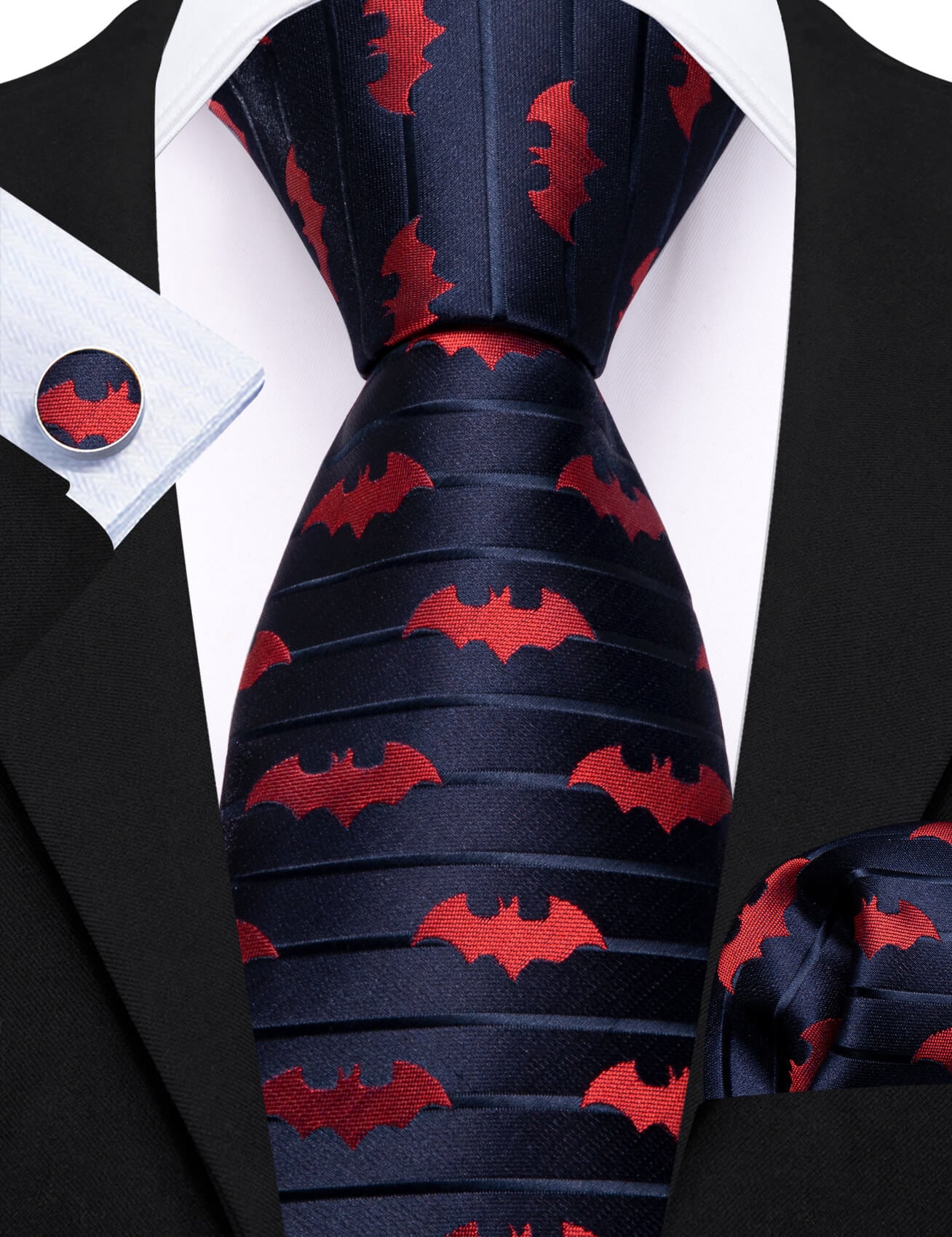 Barry.wang Blue Tie Navy Red Jacquard Woven Bat Men's Silk Tie Set Top Quality