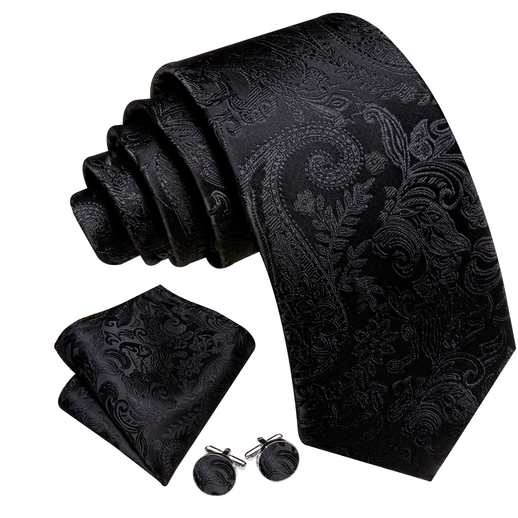 Mens Black Floral Tie Jacquard Pattern Necktie Set