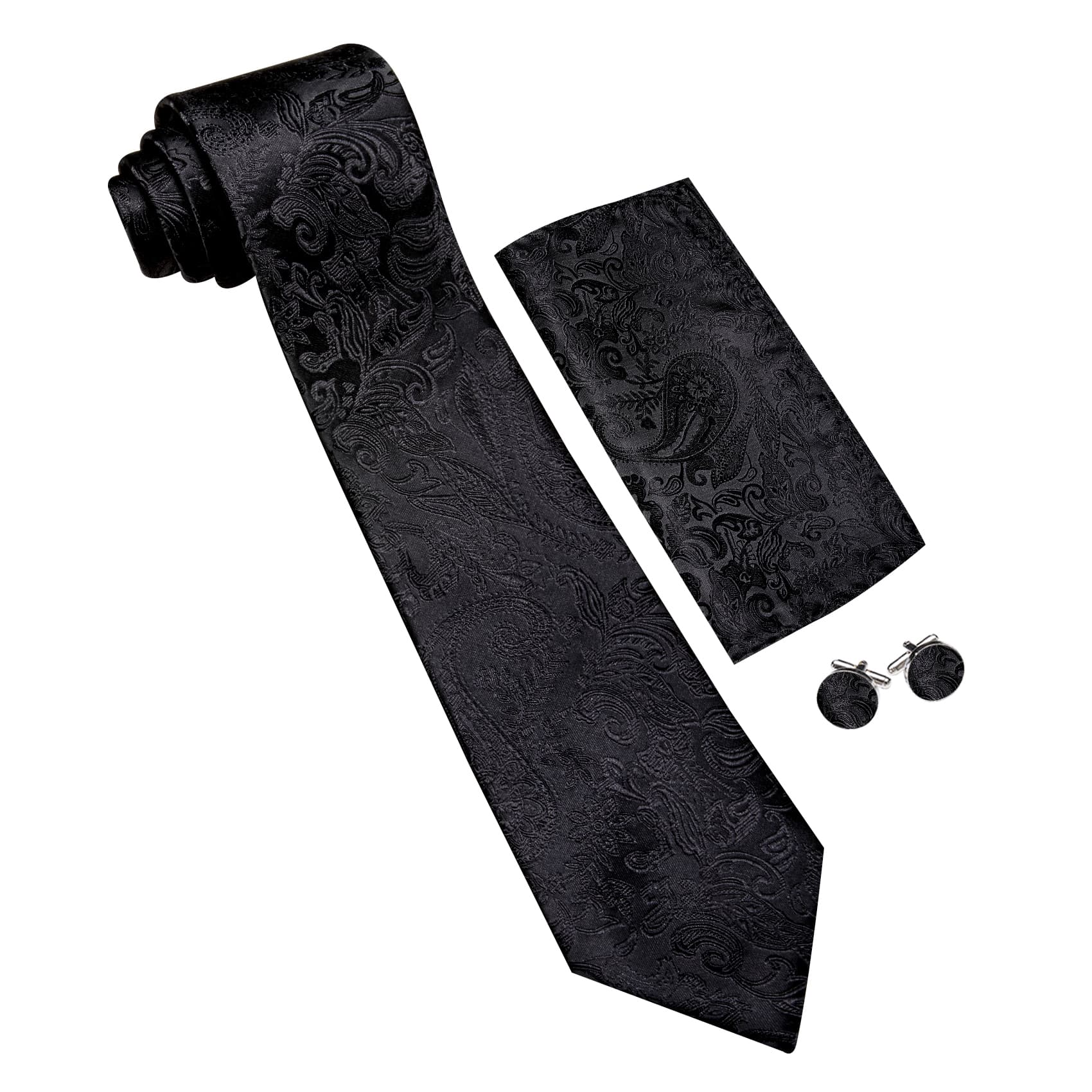 Mens Black Floral Tie Jacquard Pattern Necktie Set