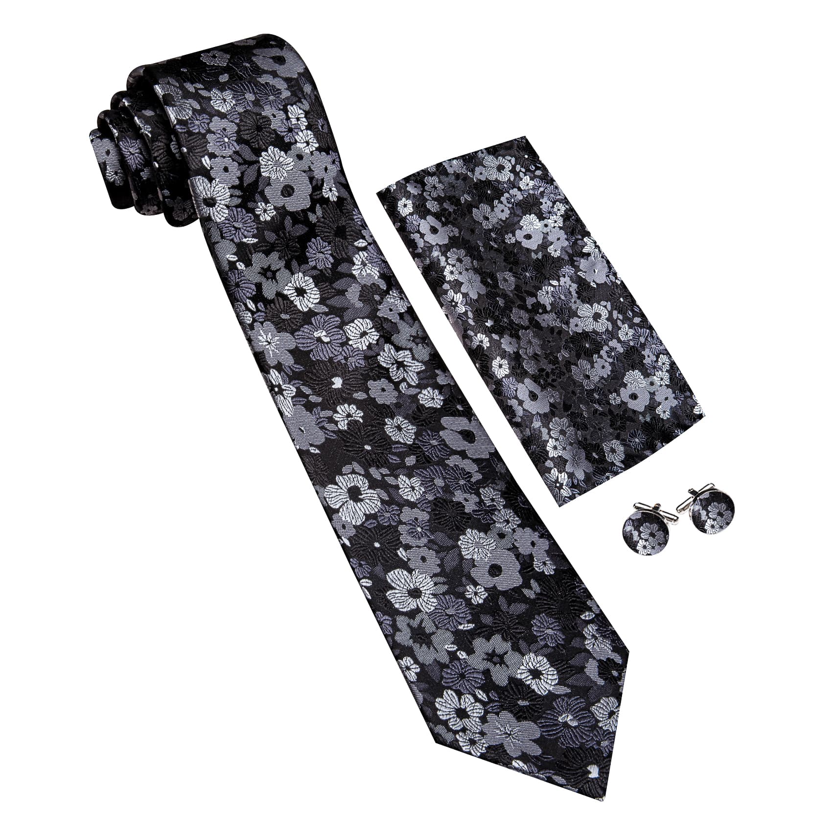  Mens Black Tie Gray Jacquard Floral Pattern Necktie Set