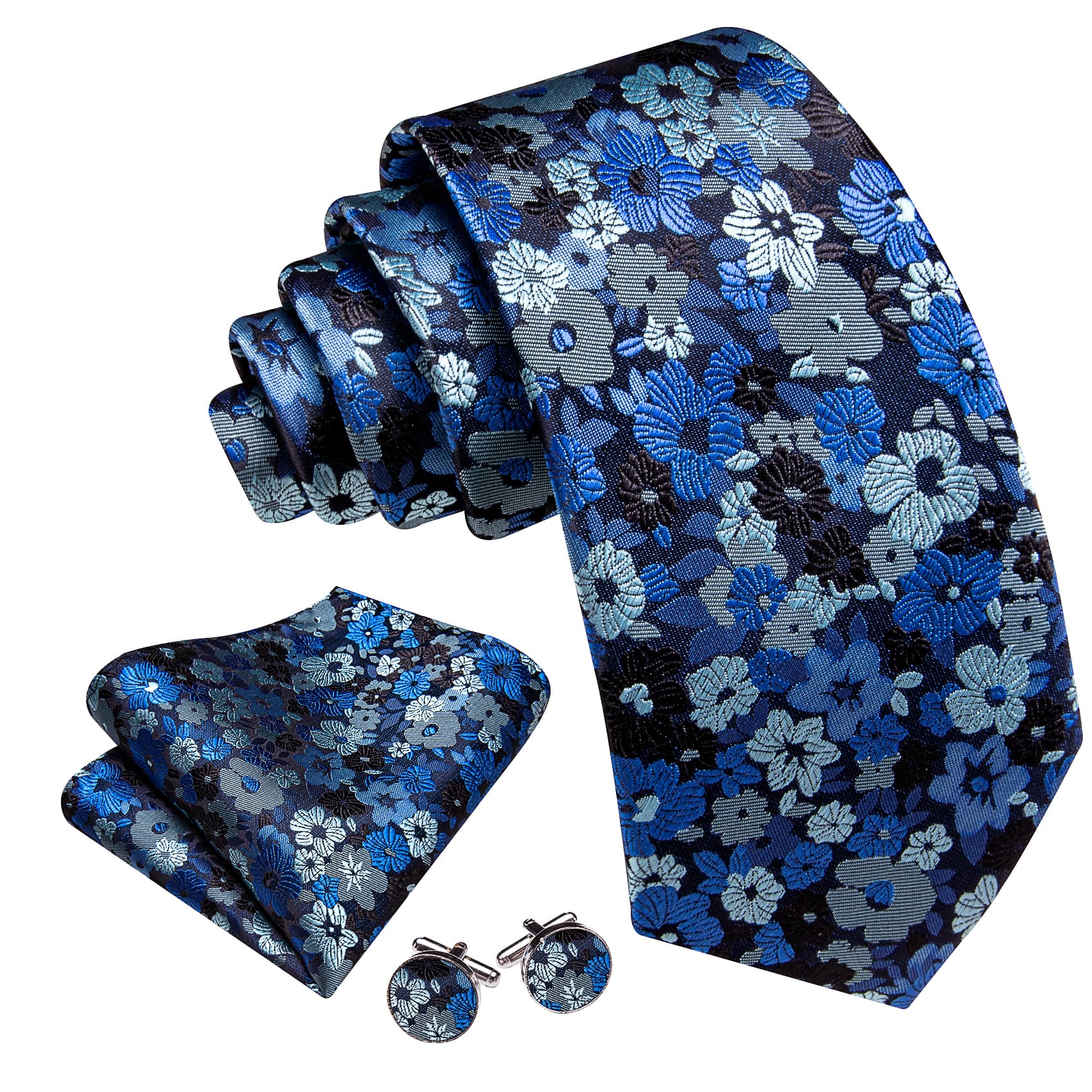 Mens Blue Tie Silver Jacquard Floral Pattern Necktie Set