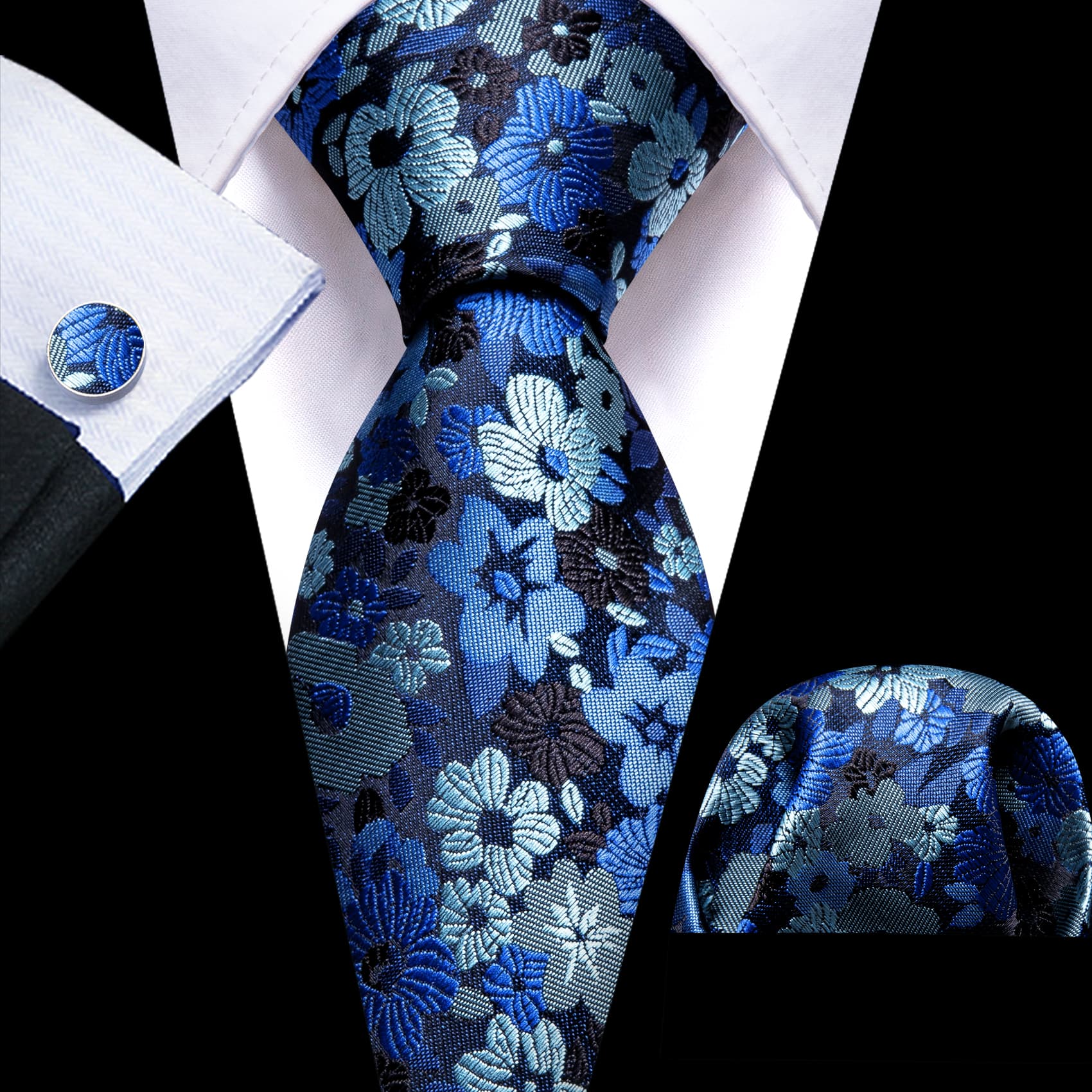 Mens Blue Tie Silver Jacquard Floral Pattern Necktie Set