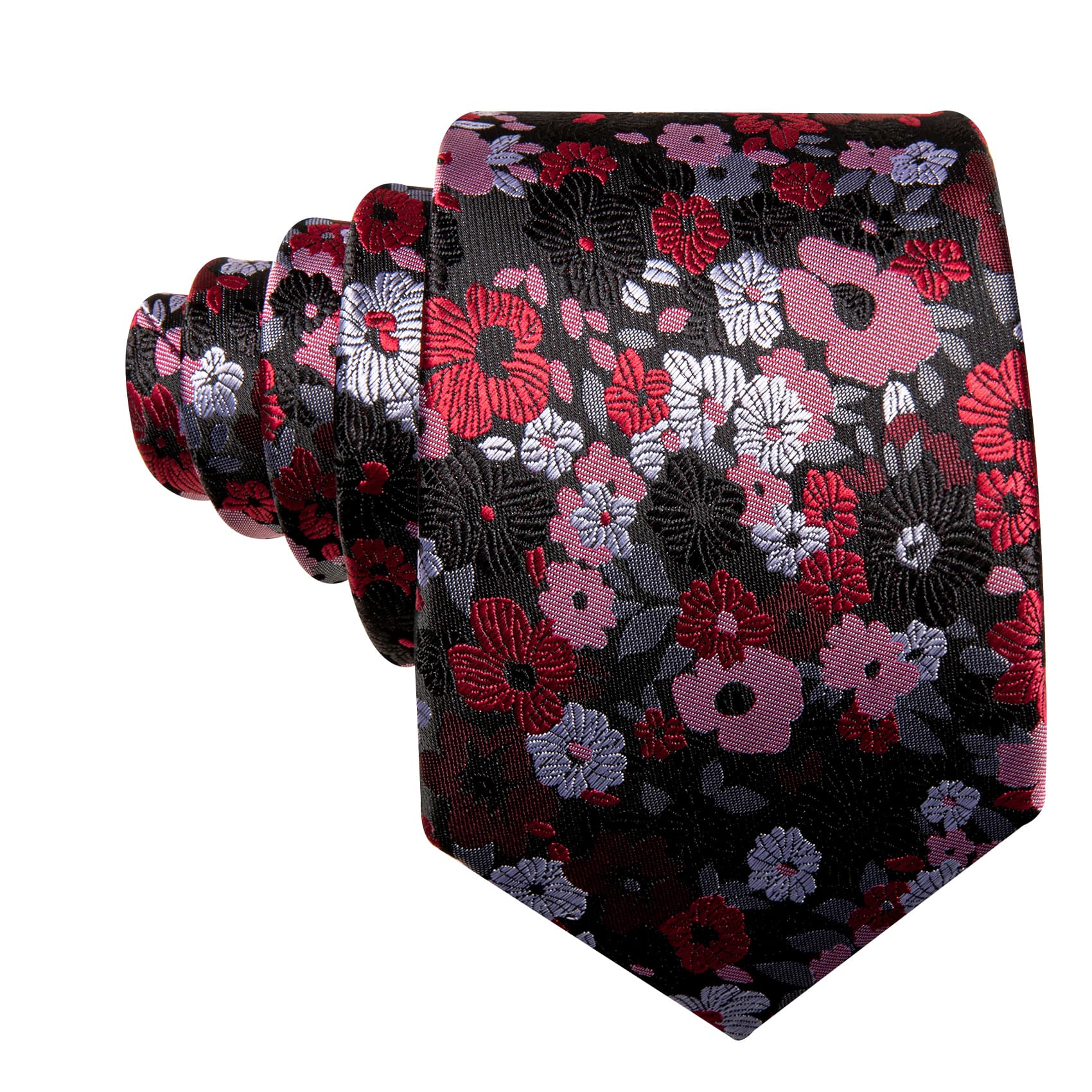 Mens Black Tie Red Jacquard Floral Pattern Necktie Set