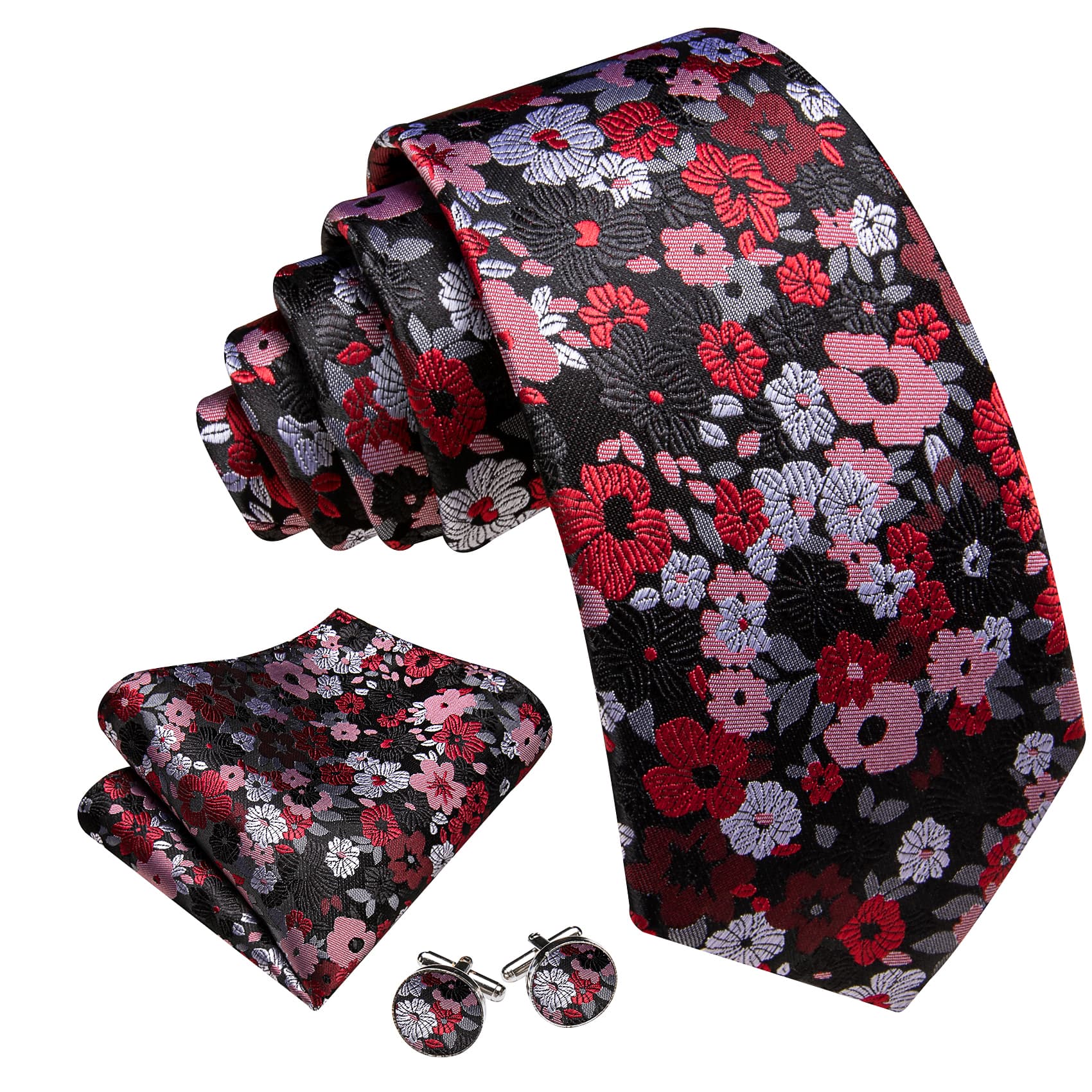 Mens Black Tie Red Jacquard Floral Pattern Necktie Set