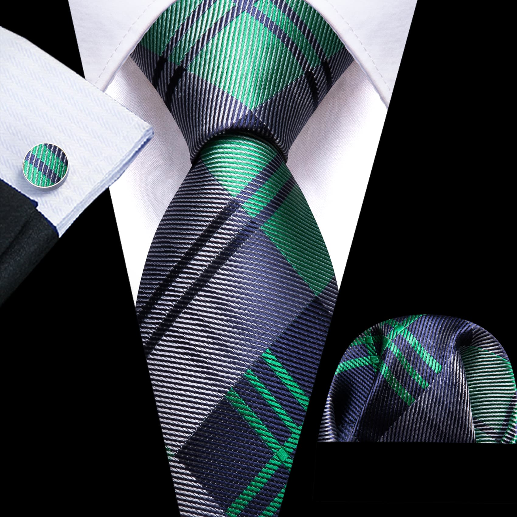 Mens Plaid Tie Mint Green Dar Grey Necktie Set