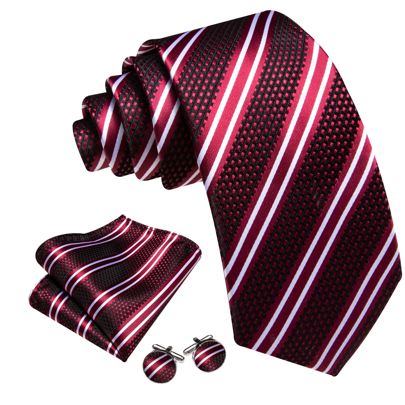  Mens Striped Tie Red Necktie Set with White Stripes
