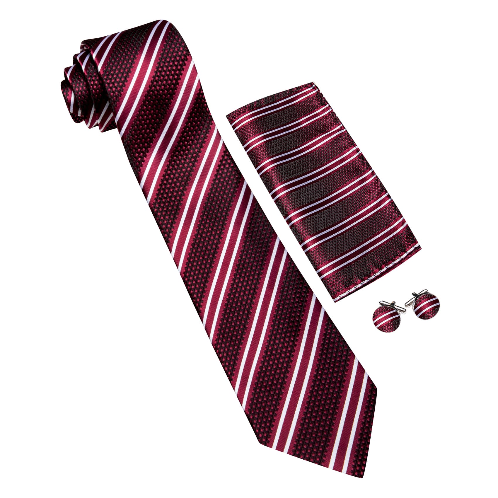  Mens Striped Tie Red Necktie Set with White Stripes