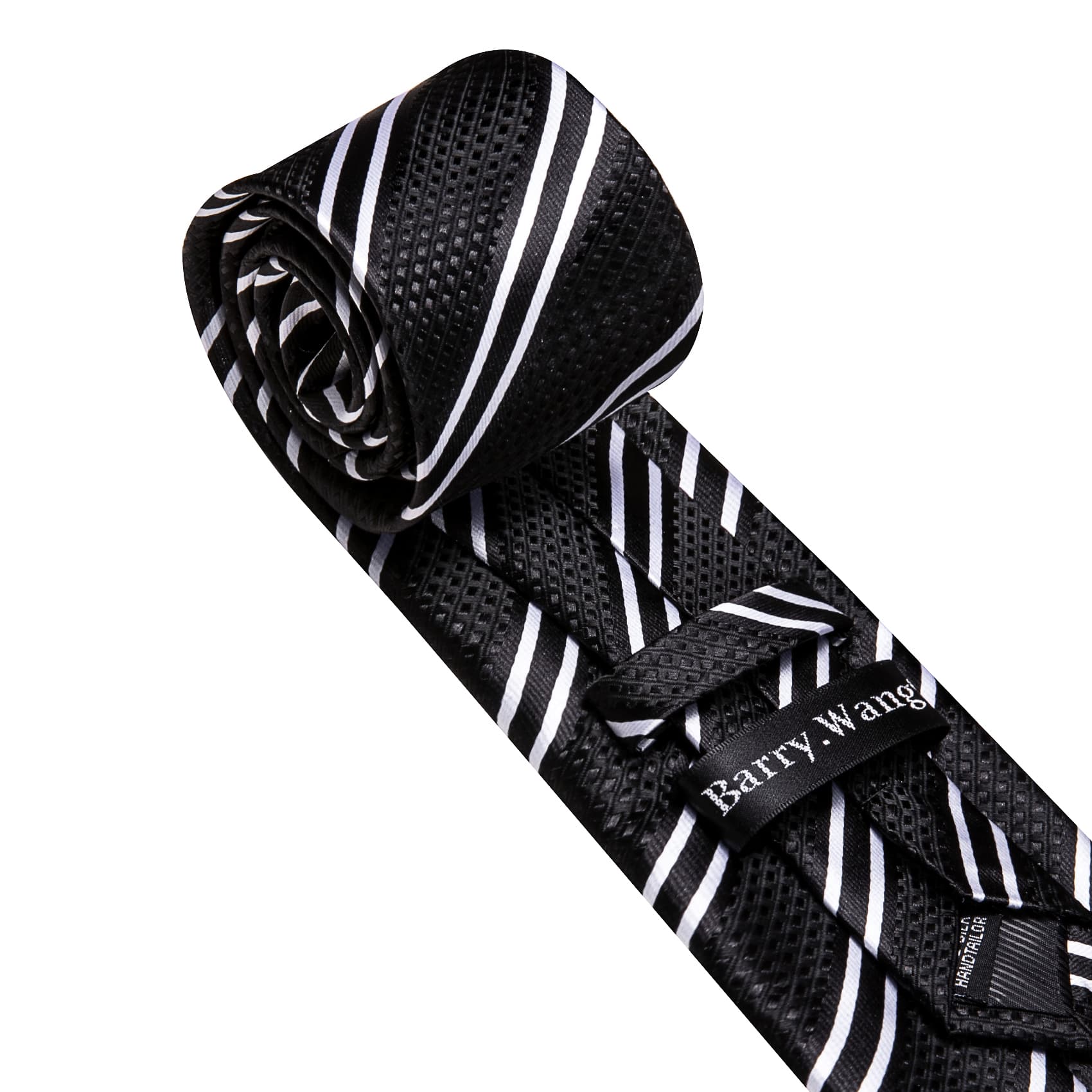  Mens Striped Tie Black Necktie Set with White Stripes