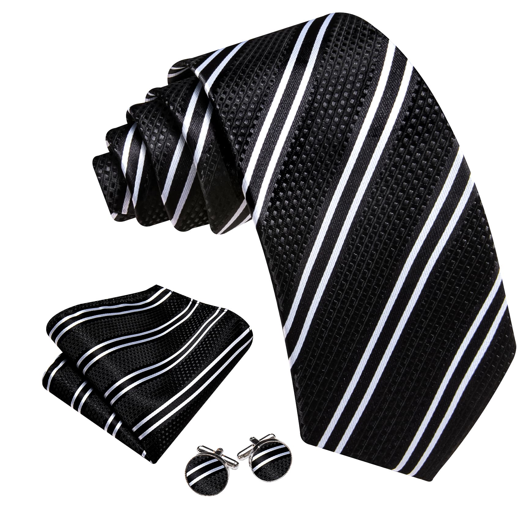  Mens Striped Tie Black Necktie Set with White Stripes