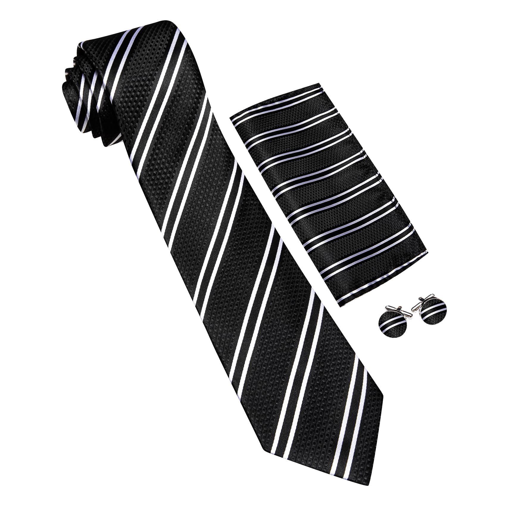  Mens Striped Tie Black Necktie Set with White Stripes