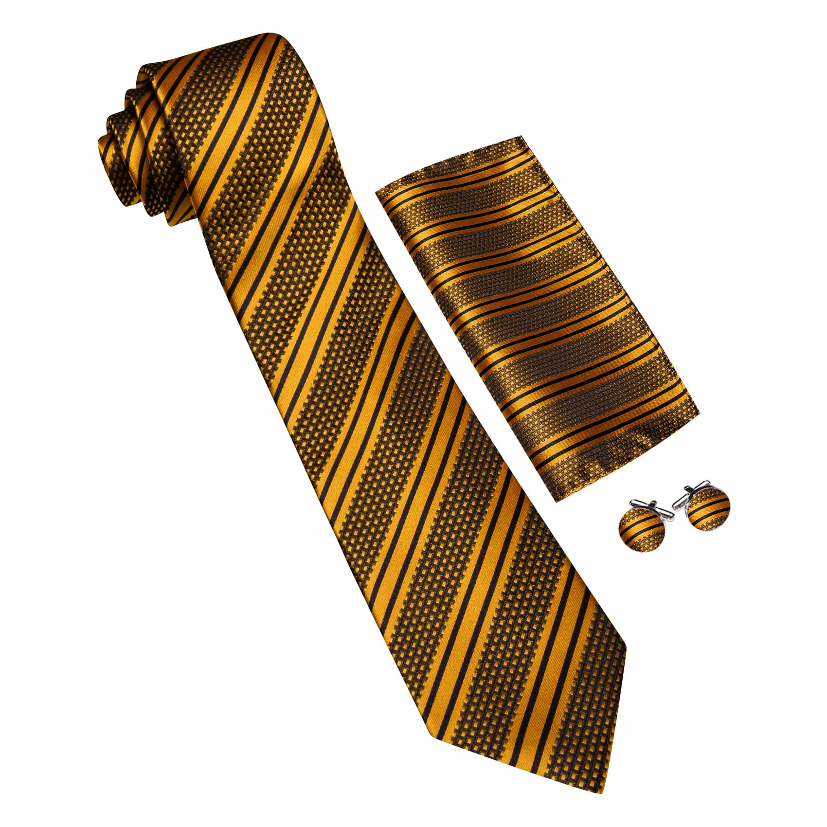 Mens Striped Tie Gold Necktie Set with Black Stripes