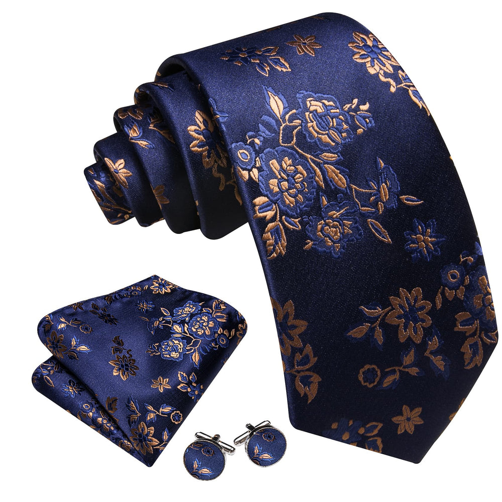 Barry.Wang Men's Silk Tie Set With Flower Lapel Pin, Pocket Square & Cufflinks - Wedding/Business