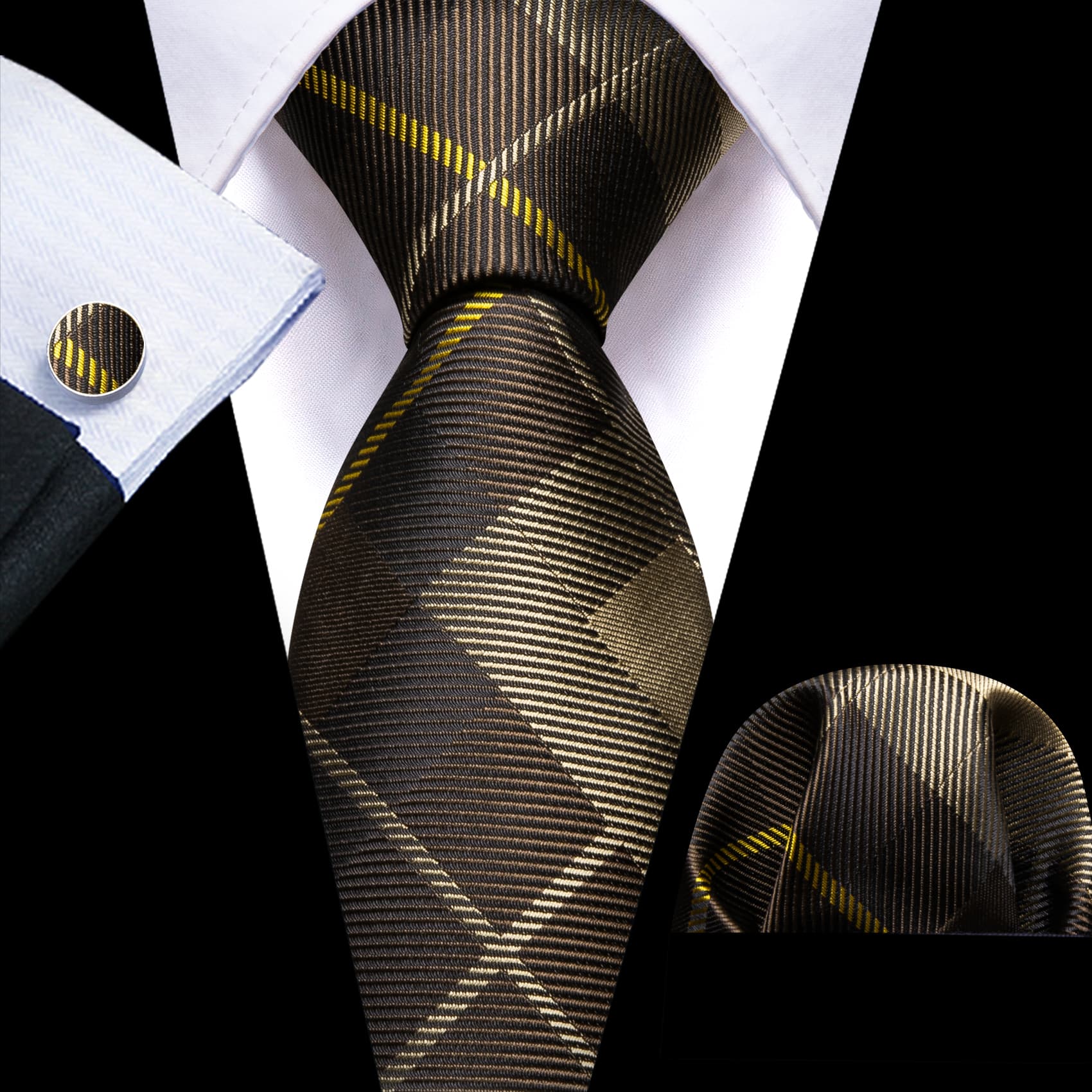 Plaid Tie Dark Brown Tan checkered Necktie and Cufflink Set