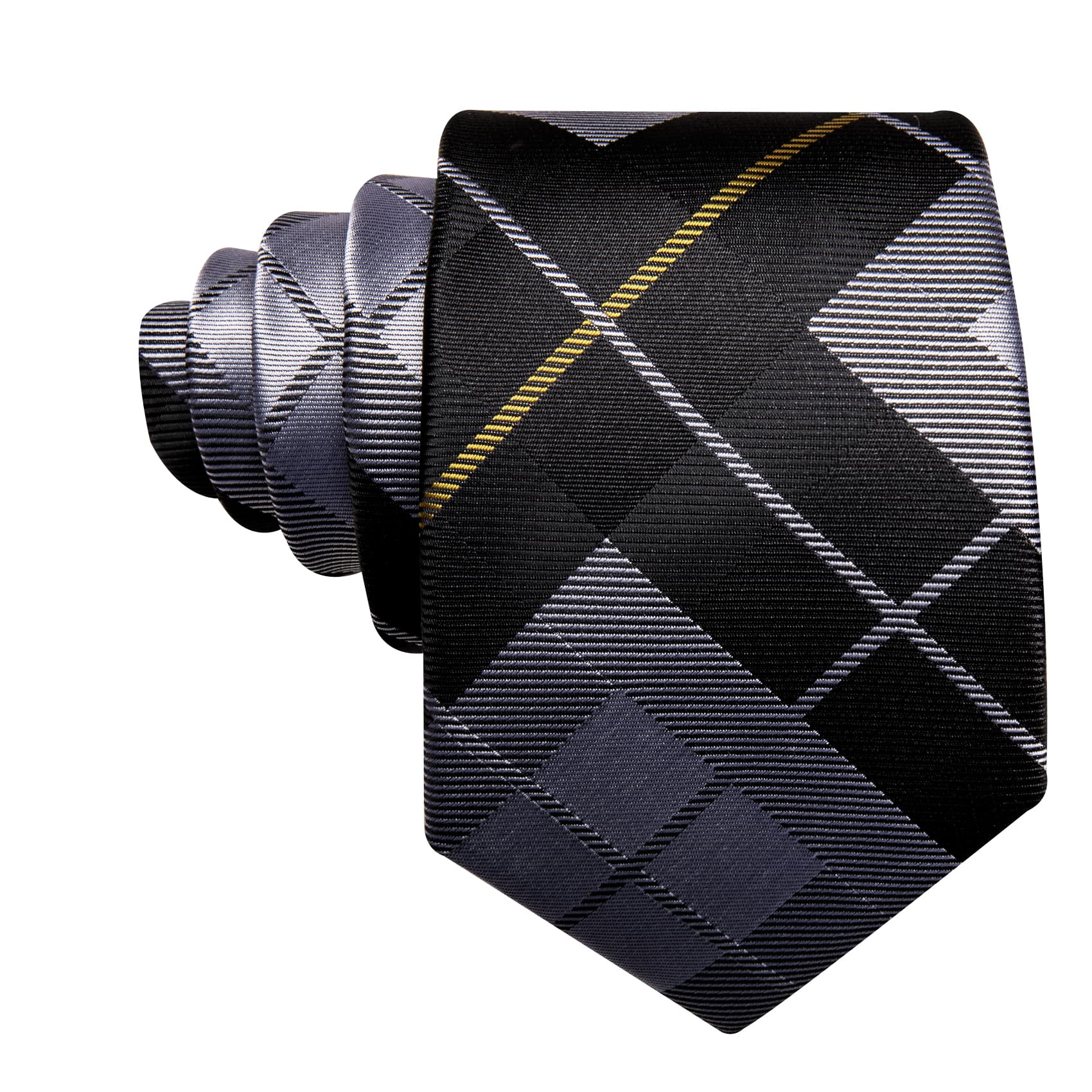 Plaid Tie Black Grey Checkered Necktie and Cufflink Set