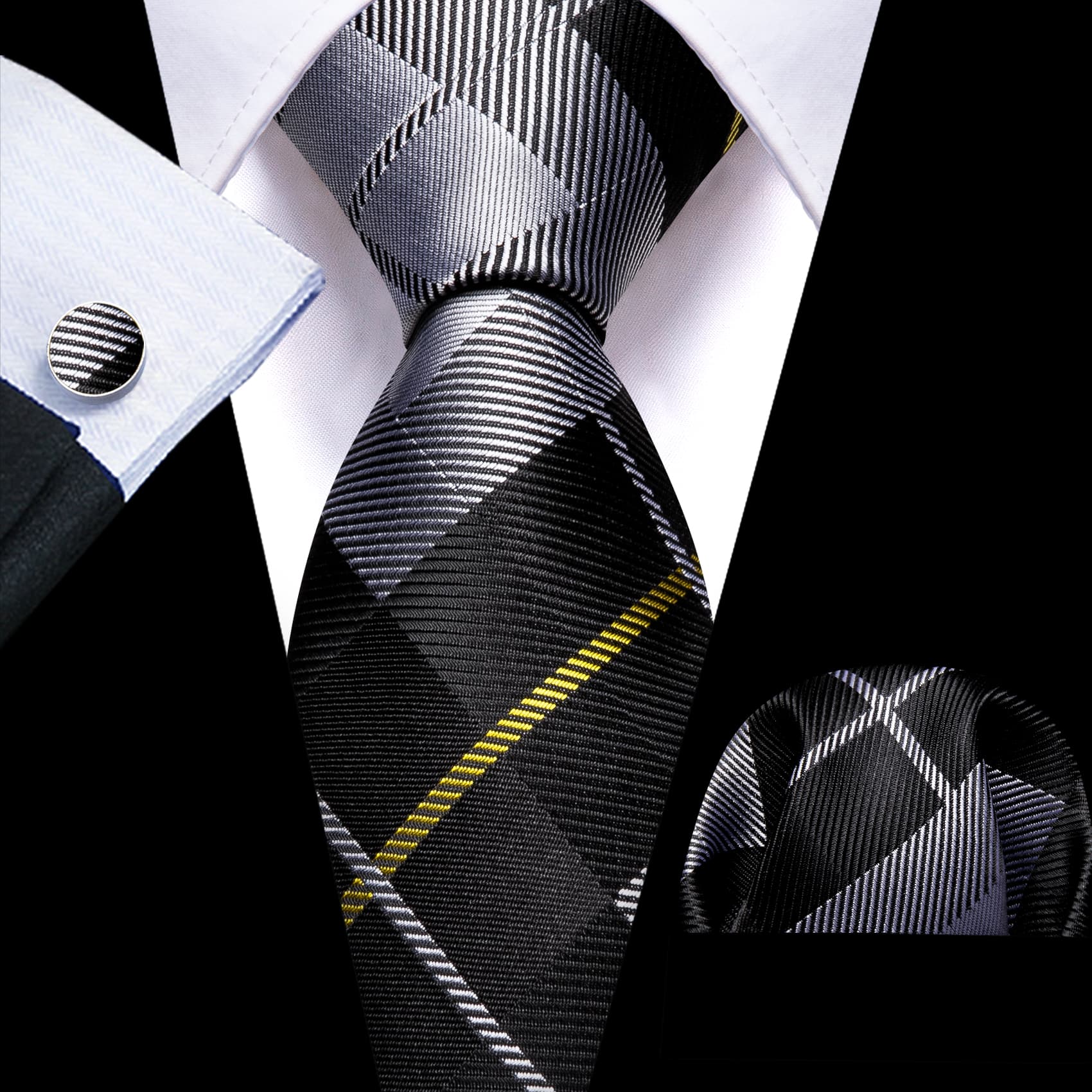 Plaid Tie Black Grey Checkered Necktie and Cufflink Set